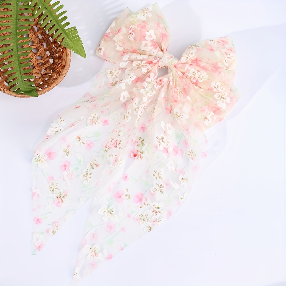 

1pc Elegant Floral Tulle Bow Hair Clip For Girls - Large 11.8" X 6.5" With Flowers & Long Tassel - Spring/summer, Birthdays & Holidays, Hair Accessories For Girls