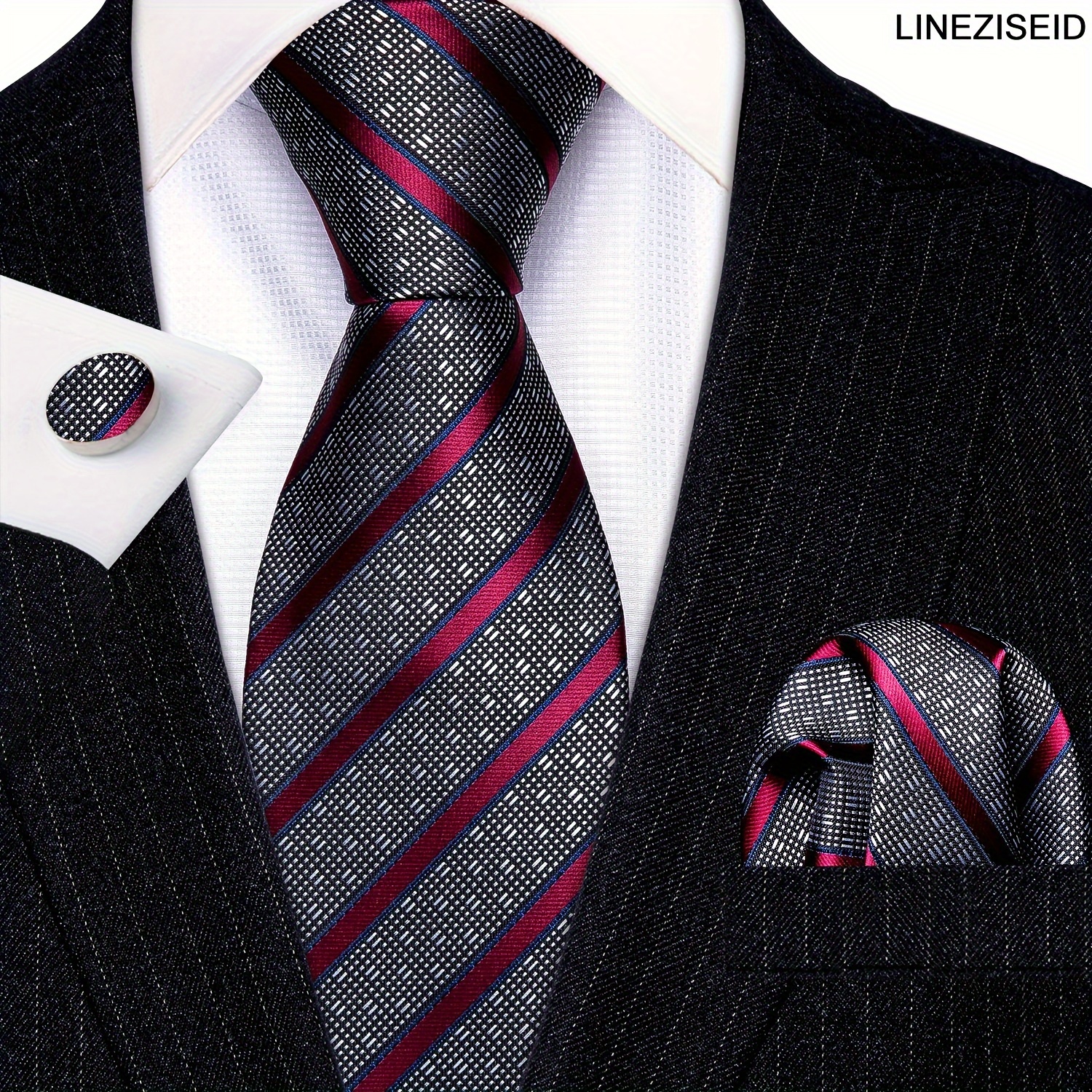 

Lineziseid, Striped Gray Red Silk Tie Classic Necktie, Retro Handkerchief Set Formal For Daily Wear