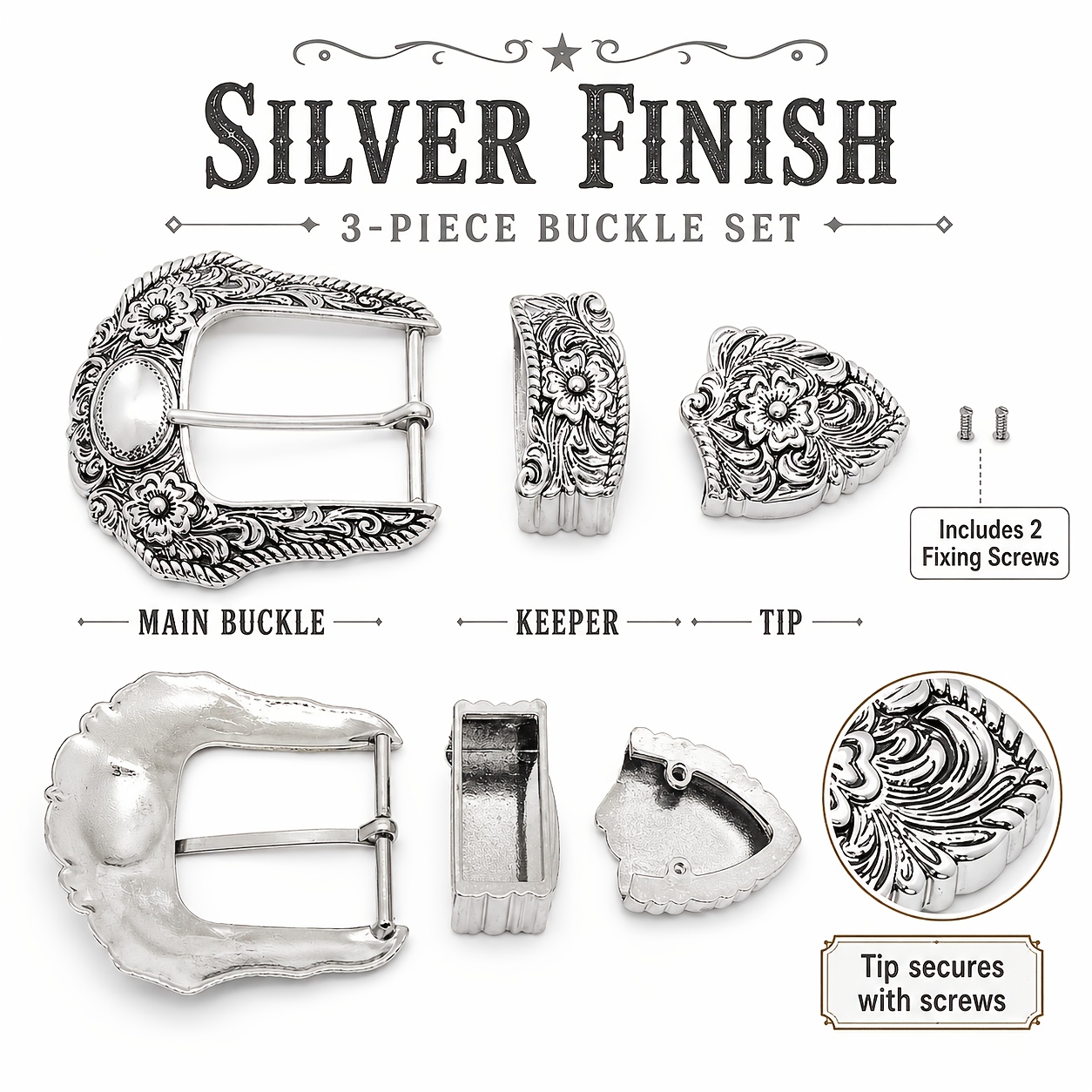 TEMU Ensemble de boucles de ceinture à fleurs style western rétro, kit de remplacement de boucle de ceinture en alliage métallique rétro, livré avec