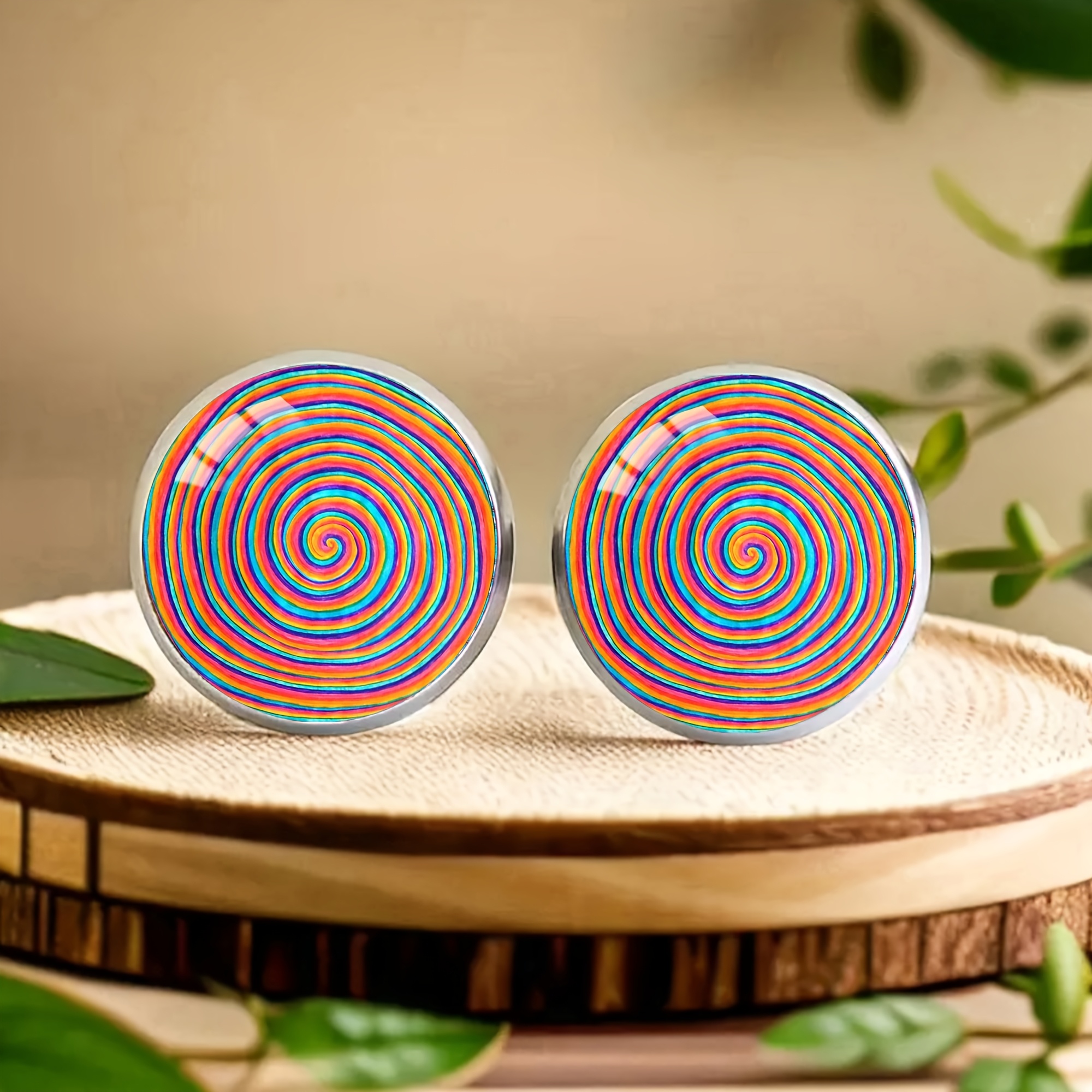 1pair Rainbow Swirl Candy Pattern Stainless Steel Stud Earrings, Elegant Sexy Men's And Women' Holiday Wear Earrings Fashion Gift