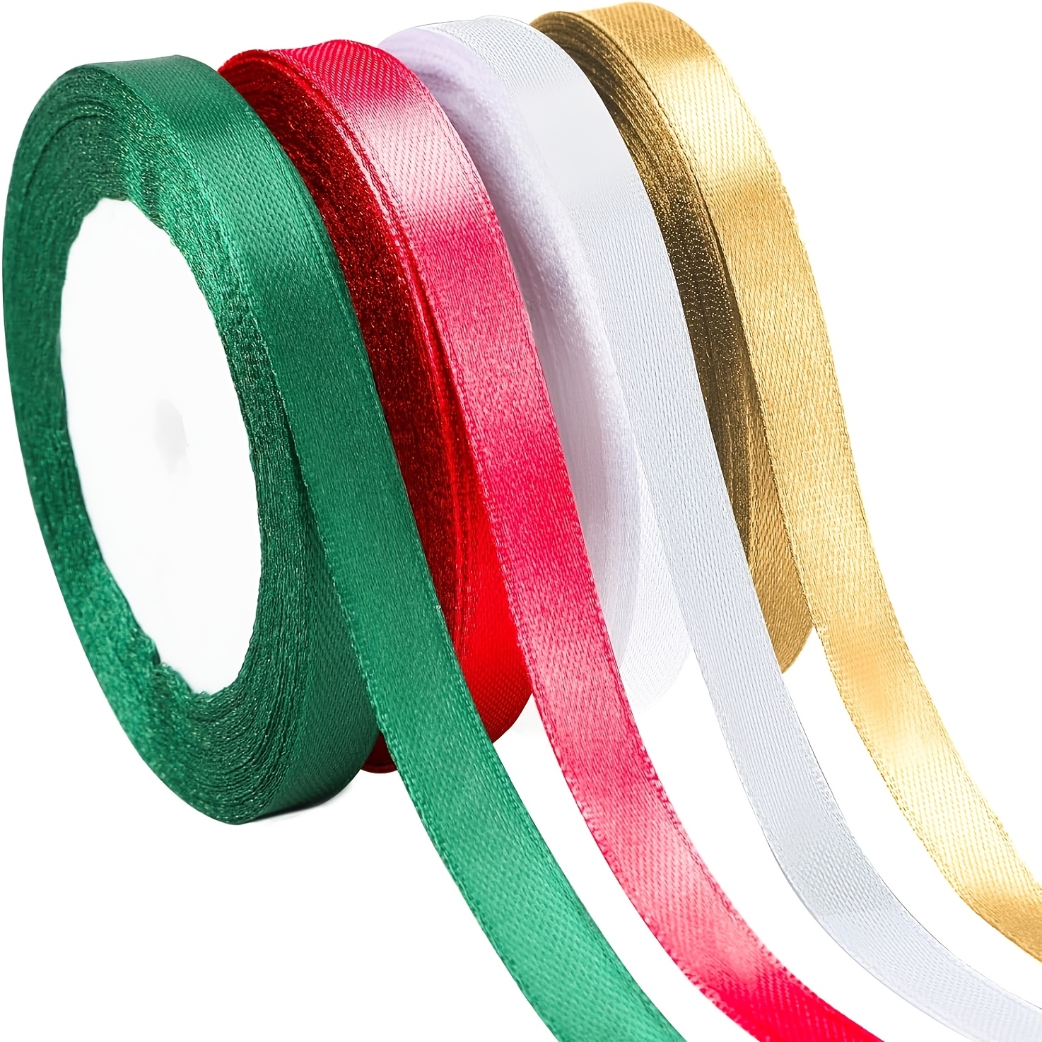TEMU Ensemble de 4 rouleaux de de Noël, en polyester rouge, vert, blanc et doré, parfaits pour de cadeaux de Noël, la fabrication de nœuds, la