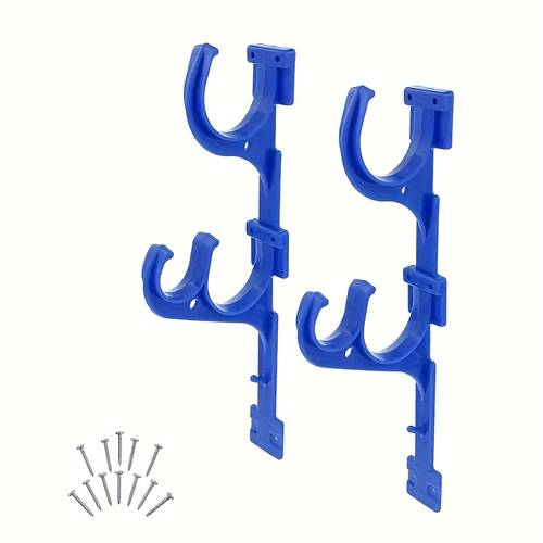 two pvc outdoor pole hangers with screw in telescopic hooks designed for pool poles net brushes and garden hoses made of durable plastic