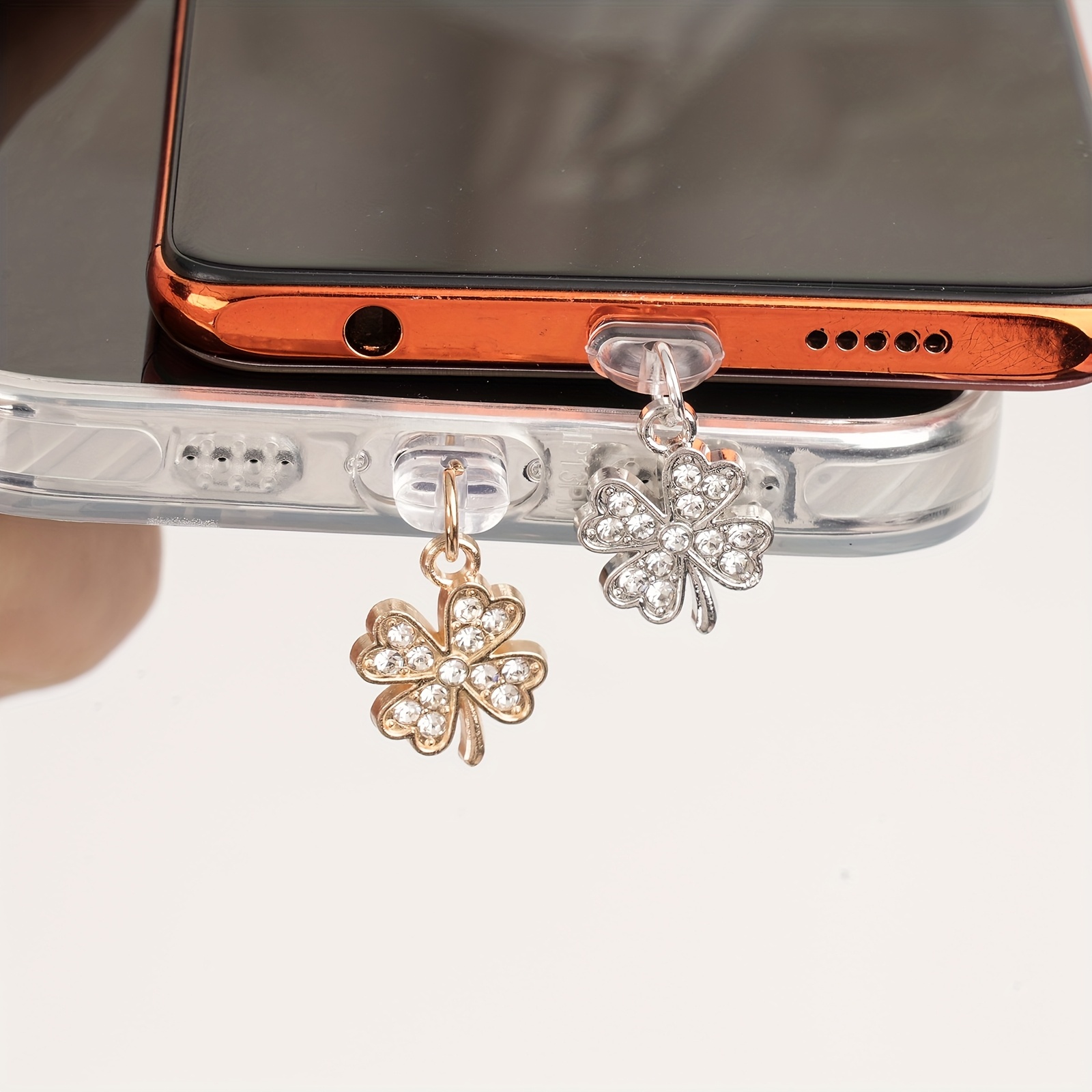 

2pcs Clover Charm, Mobile Phone Dust Plug Accessory, For Iphone & For Android Devices - Metal Hanging Ornament Without Battery