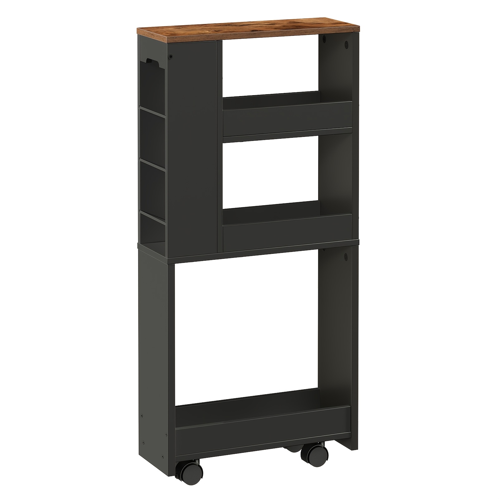 Image of 4-layer Wooden Kitchen Trolley | Standing Shelf Units, Narrow Rolling Cart With 4 Lockable Rotating Wheels, Suitable For Small Spaces, Households, Bathrooms, And Living Rooms, 40 X 15 X 85 Cm, Black