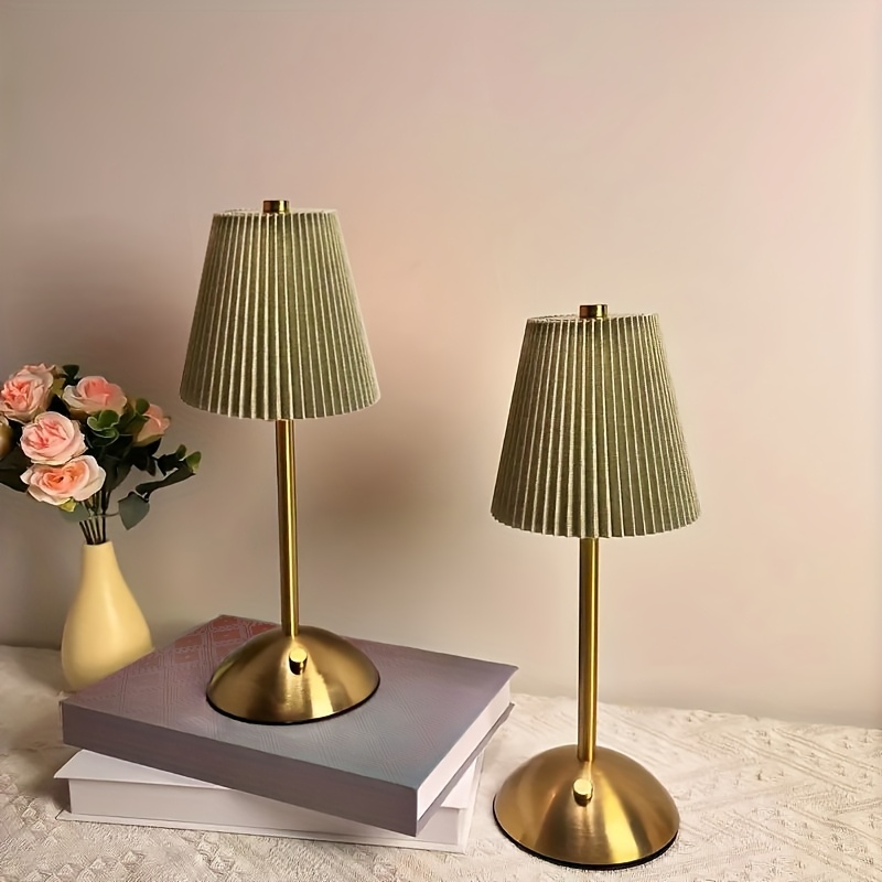 TEMU 2/1pc Modern Pleated Led Desk Lamp, Touch Control, 3 Color Settings, Usb Charging, Rechargeable 1800mah Battery, Metal Base, Fabric Shade -