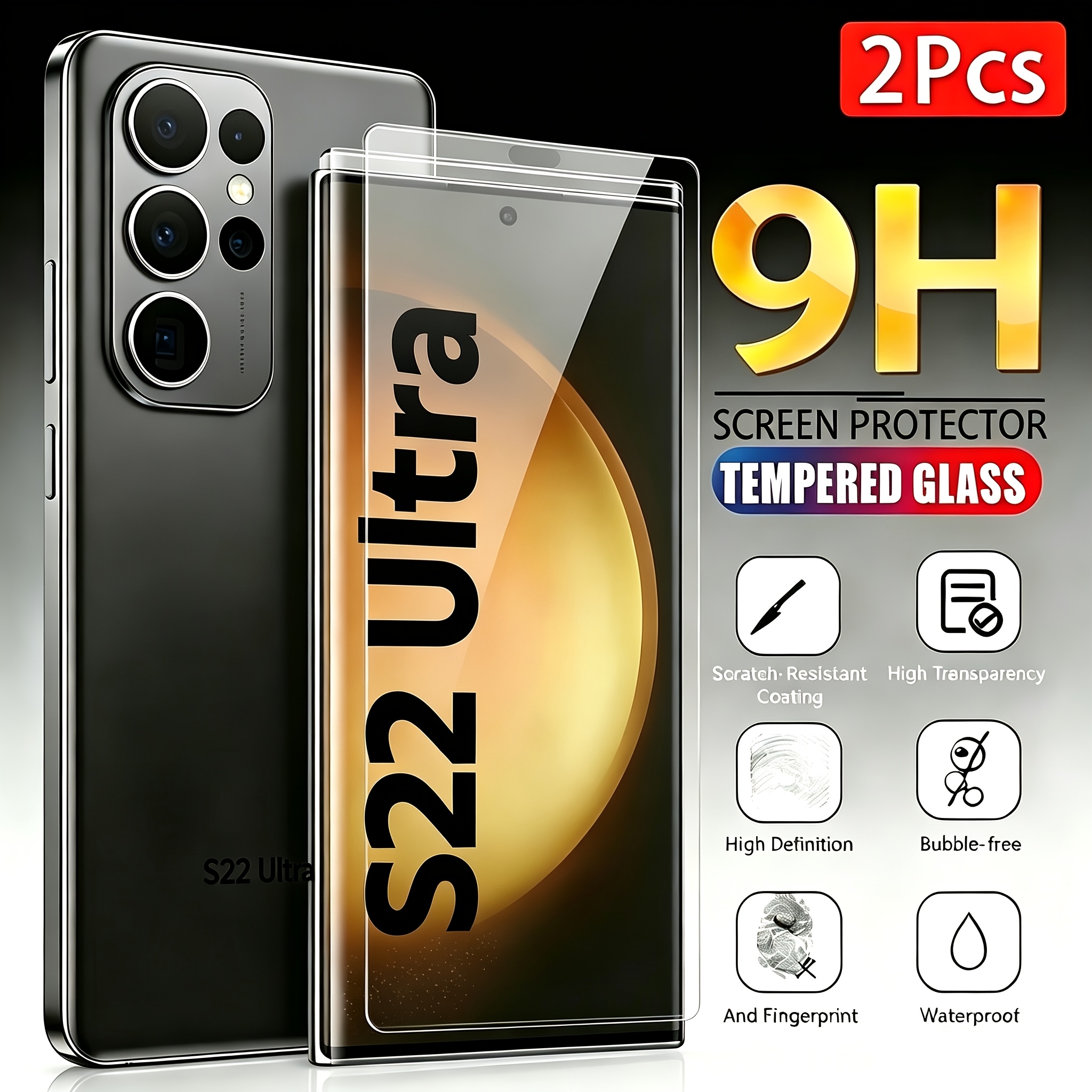 TEMU Protection d'écran adaptée pour Samsung Galaxy S22 Ultra 5G, lot de 2, 3D incurvé, verre trempé 9H, tactile , bulles, compatible avec les coques