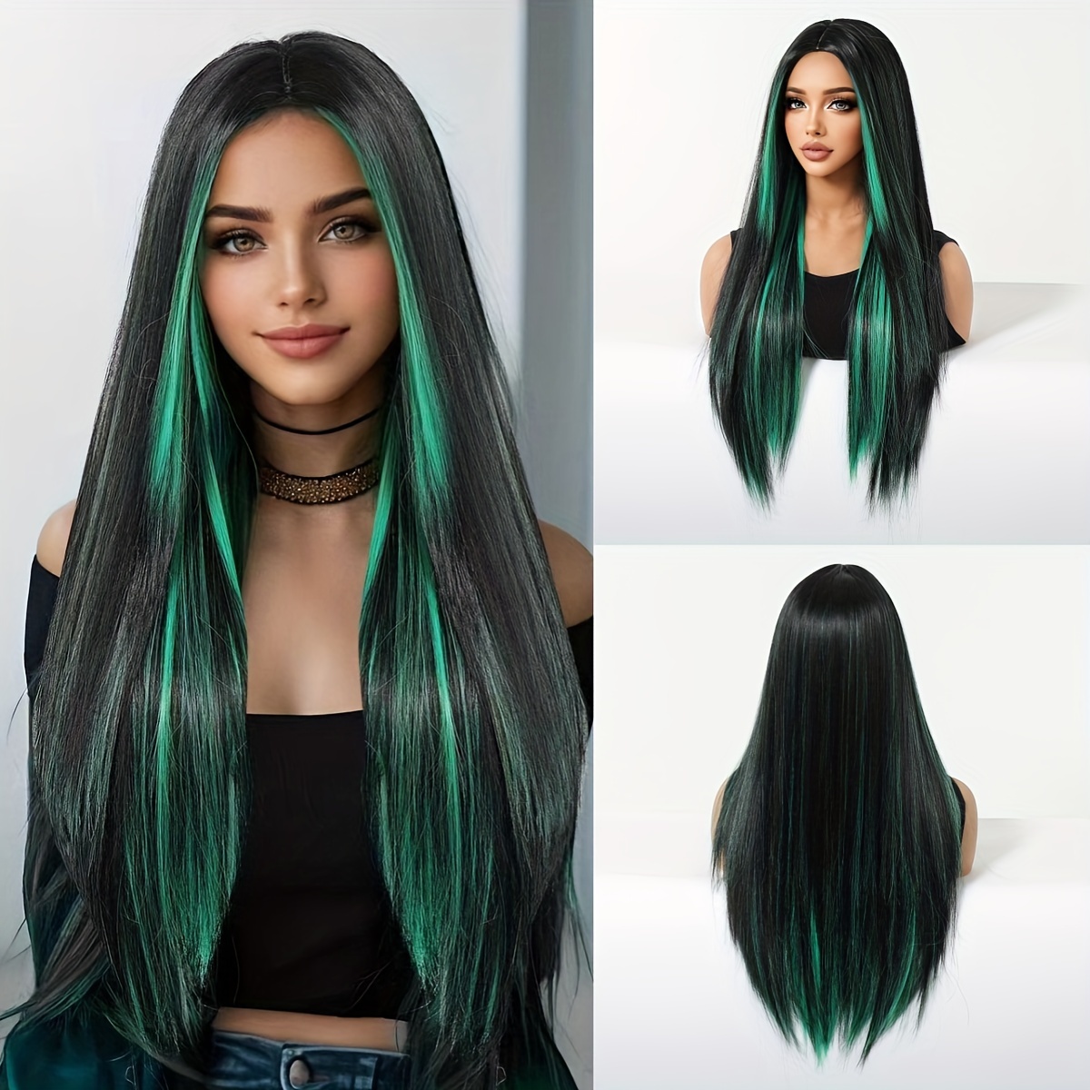 

Women's 26 Inch Long Straight Party Wig With Black Mixed Green Highlights, High Temperature Fiber, 150% Density, Rose Net Cap, Heat Resistant Synthetic Hair For Daily Use And Festive Occasions