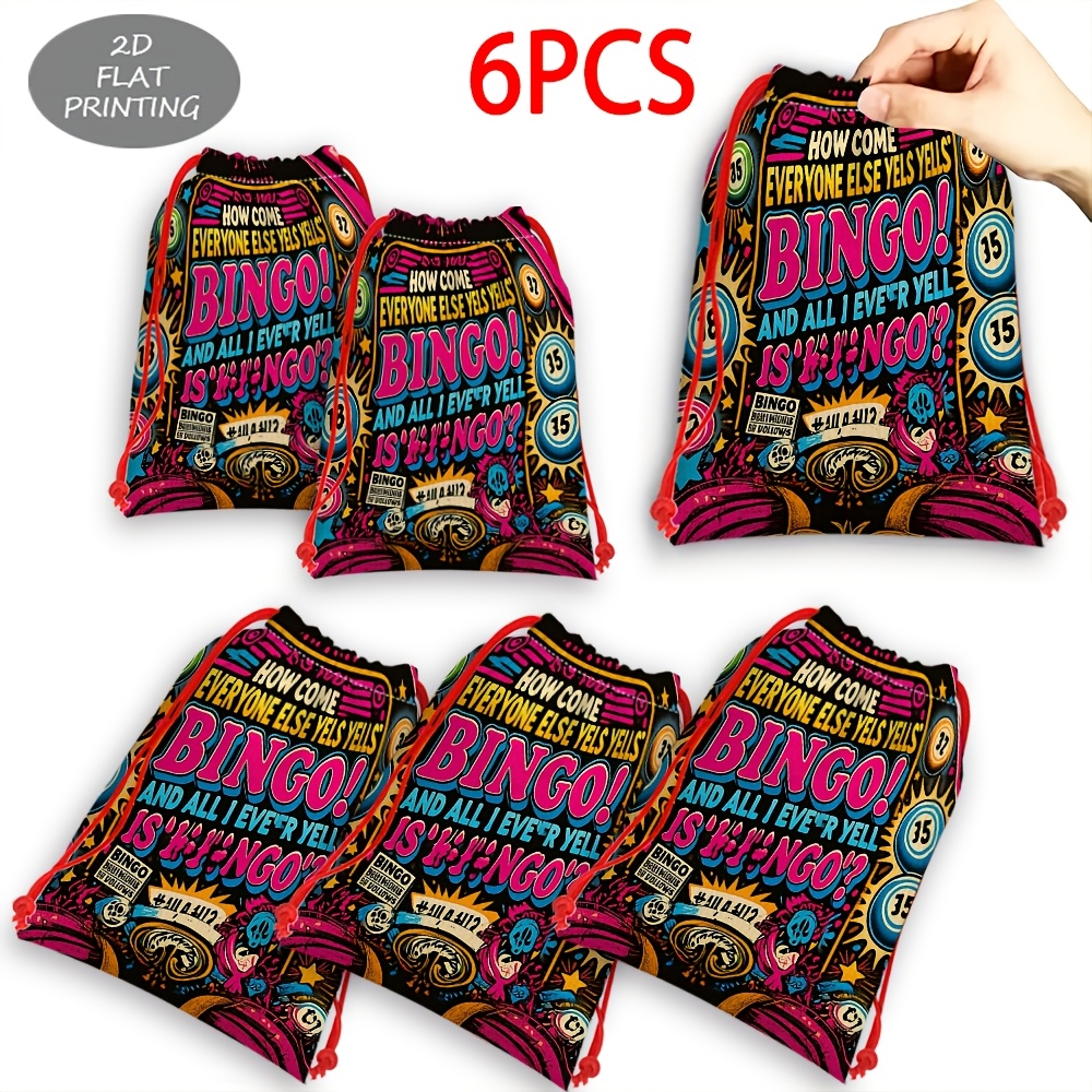 TEMU 6pcs, Gift Bags Colorful Bingo Theme Pattern Large Capacity Party Christmas Drawstring Gift Bags, Candy Gift Bags, Bulk Packaging Suitable For