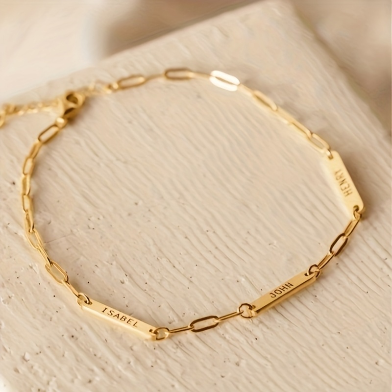 TEMU Bracelet Personnalisé, Bracelet Plaque à Trois et Numéro sur Mesure, Anneau Multifonctionnel en Acier Inoxydable Doré et Argenté, Cadeau Unique