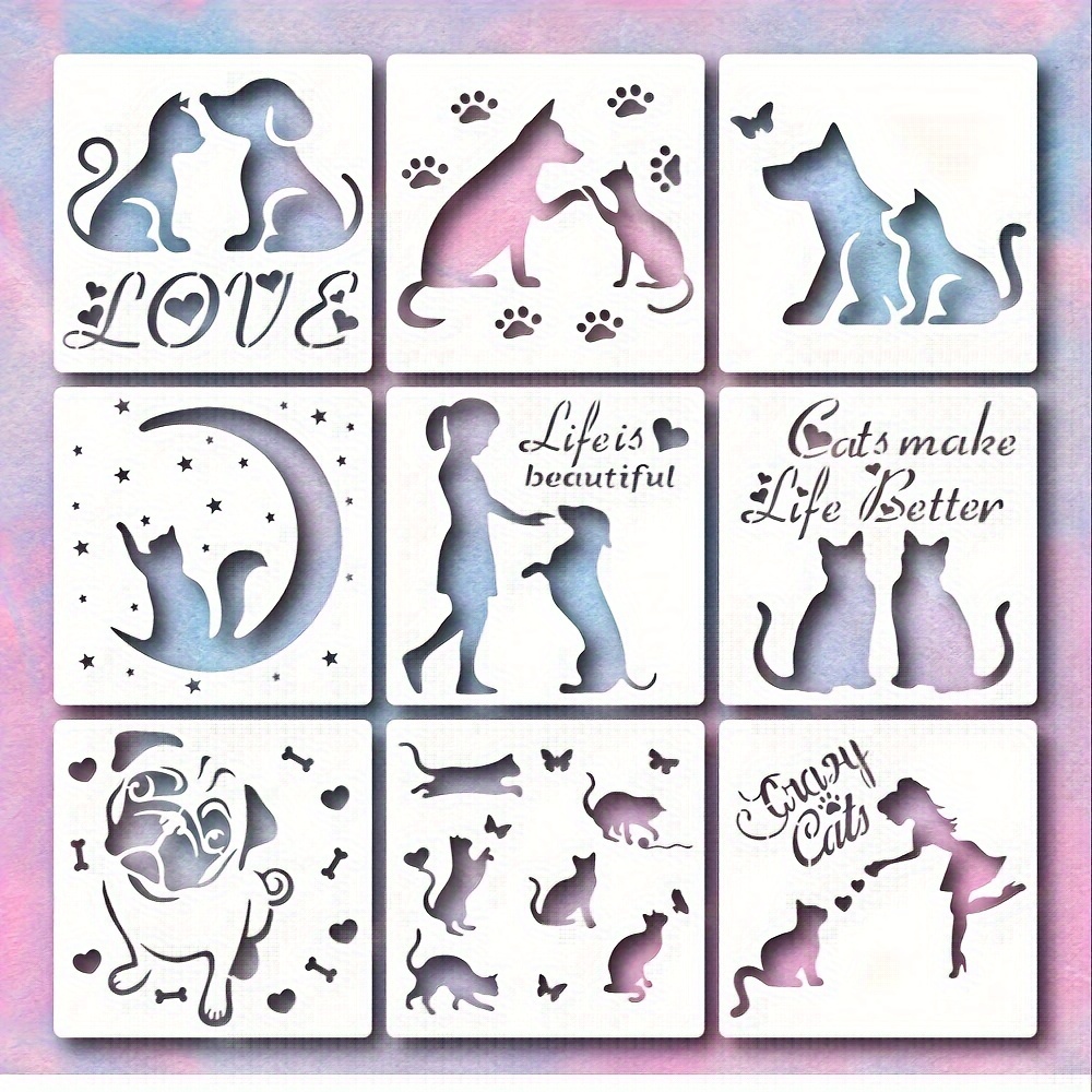 

9pcs Pet Stencil Set, Reusable Dog Cat Theme Templates, Plastic Drawing Stencils For Scrapbooking, Journaling, Home Decor, Furniture, Wall Art - Creamy White