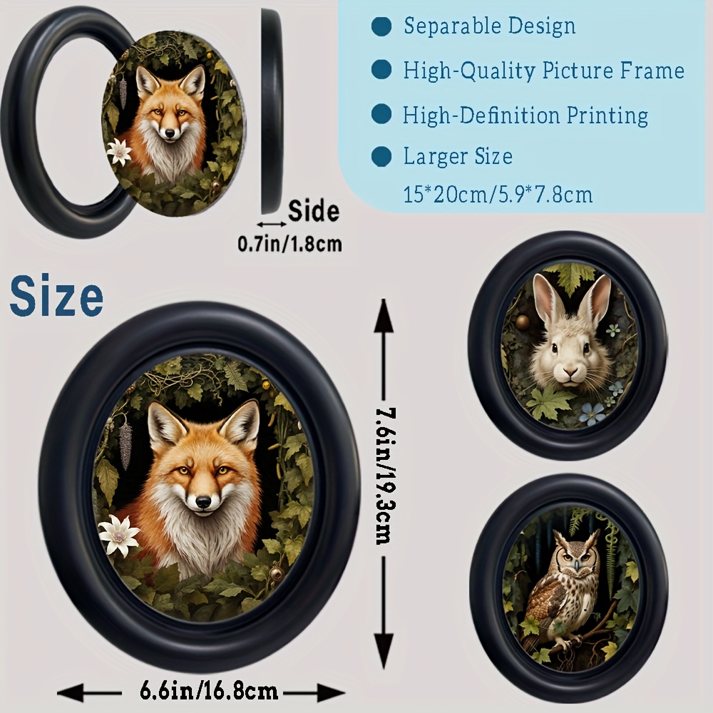 TEMU Minimalist Living Room Wall Art Set, 3pcs Vintage Forest Animal Portraits Wall Art, Black Oval Frame Gothic Dark Academia Decor, Rabbit Owl Fox