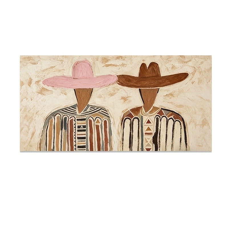 TEMU 2d Flat, 2d Flat, 1pc Frameless Canvas Poster, Abstract Figures With Wide Brim Hats In Warm Earthy Tones Geometric Patterns, Vintage, Bohemian,