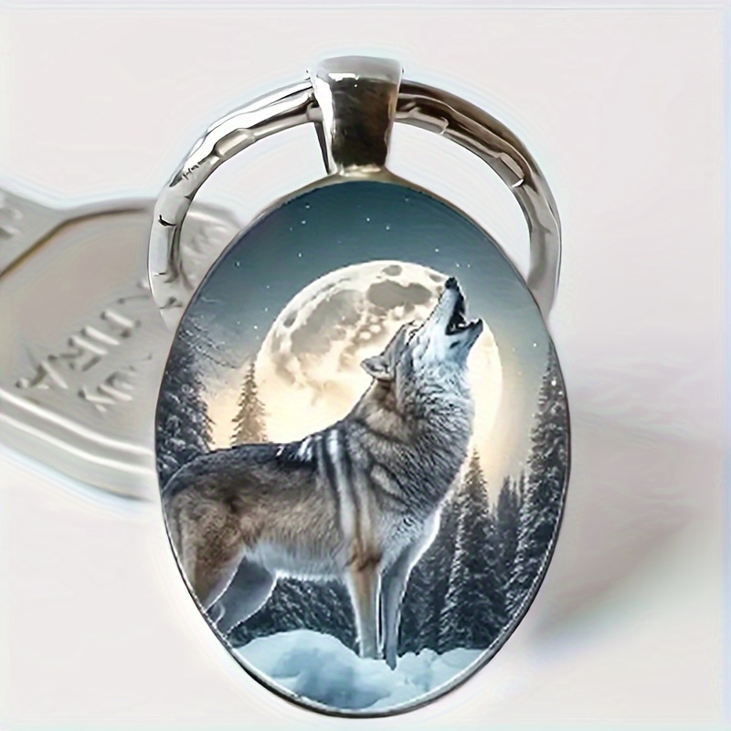 

1pc Fashion Wolf Pattern Oval Glass Pendant Key Chain For Men And Women, Wedding, Birthday, Graduation, Holiday Party, Family, Anniversary Gift