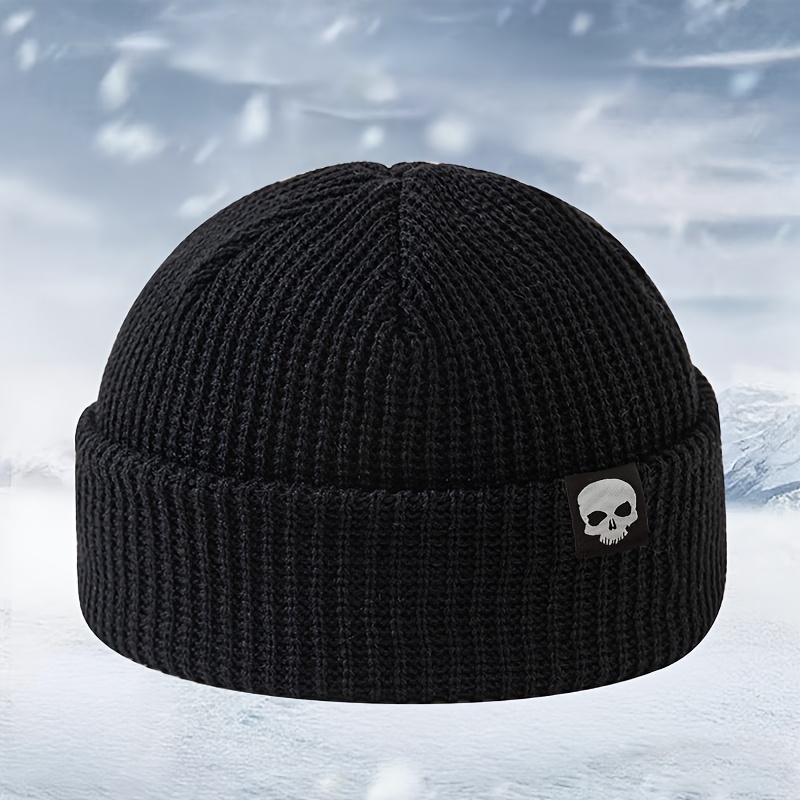 Image of A Trendy Fabric Label Melon Cap, Street Hip-hop Brimless Beanie, Short Knitted Hat Party Festival Unisex Winter Warm Knitted Hat