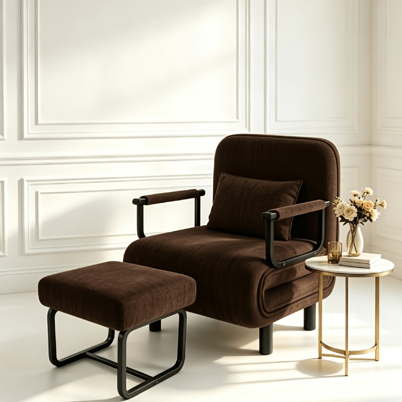 Modern Simple Black Single Sofa Chair With Ottoman, Stable Metal Frame Thickened Velvet Chair With Pillow For Small Space