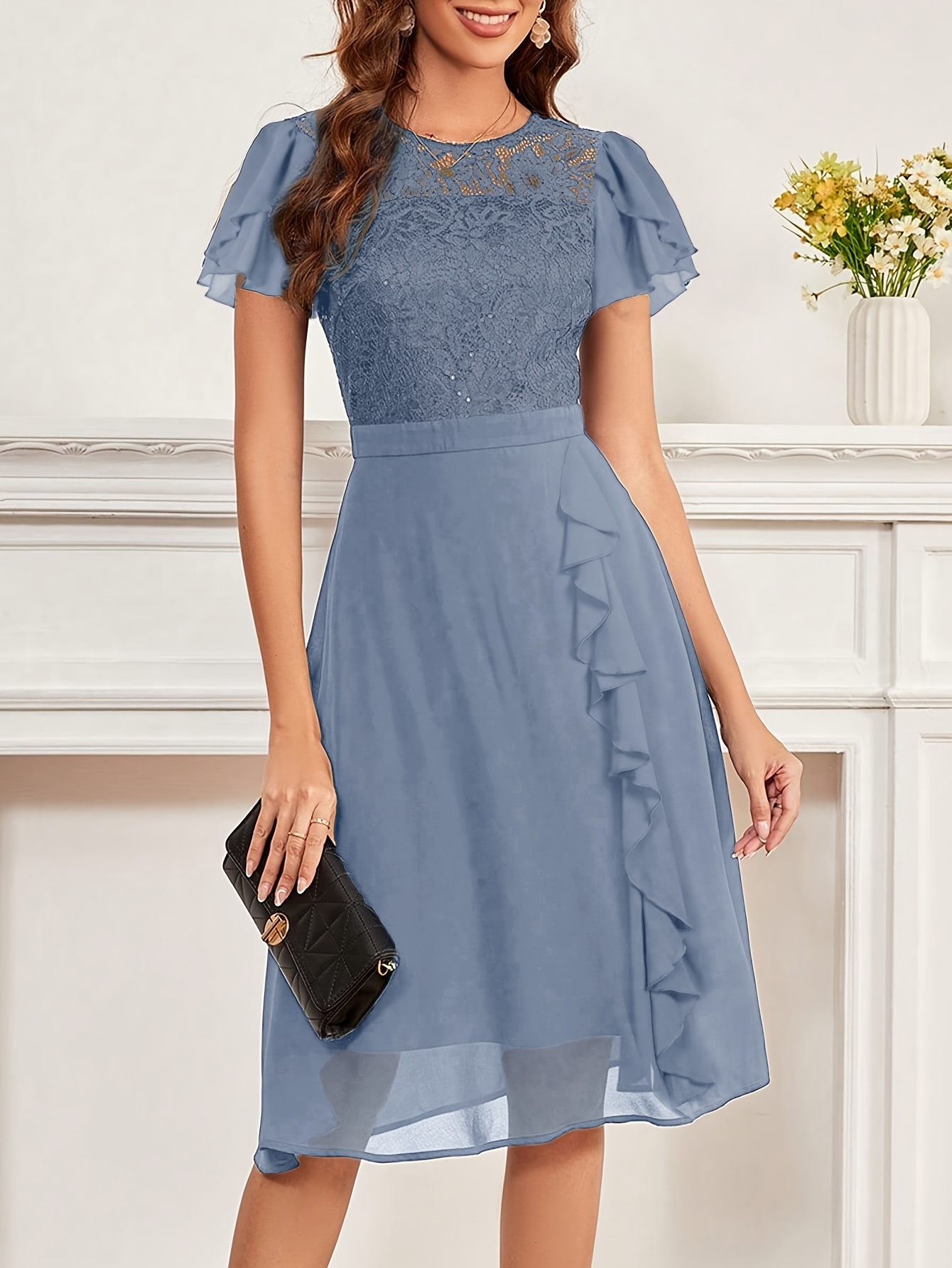 womens elegant a line midi party dress sequin lace ruffle