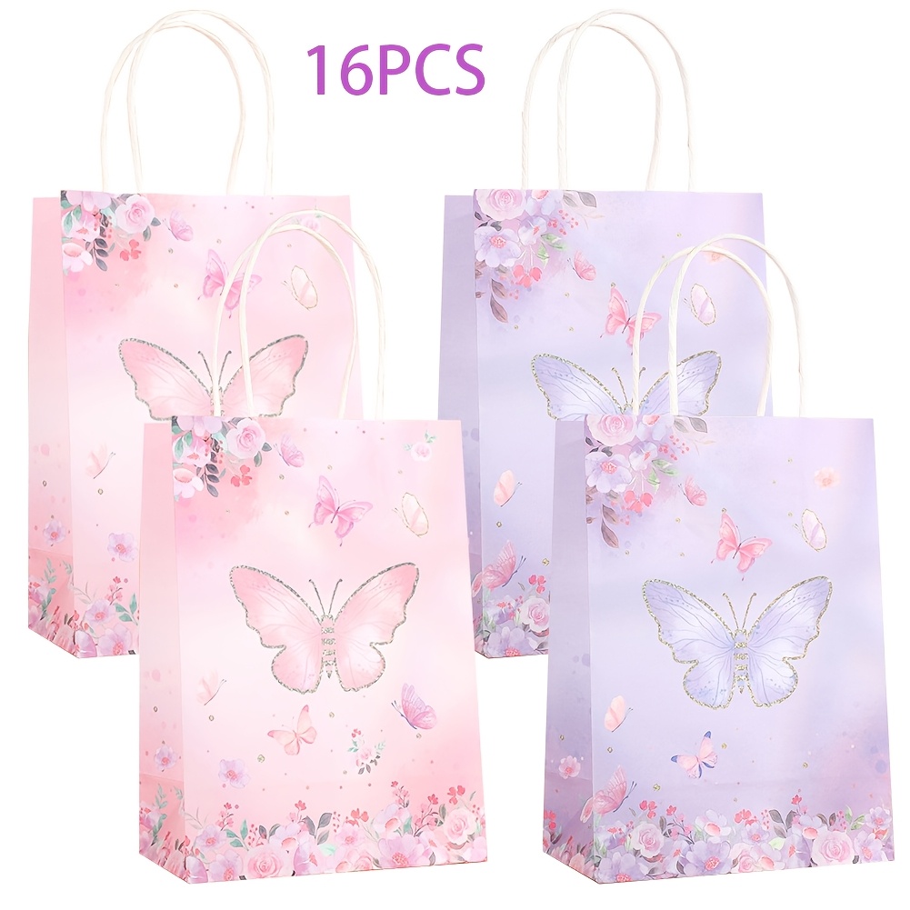 

16pcs Sacs Cadeaux à Thème Papillon - Rose & Violet, Sacs en à Poignée pour Anniversaires, , Noël, Saint-Valentin, Fête des Mères & Plus, Décorations Papillon