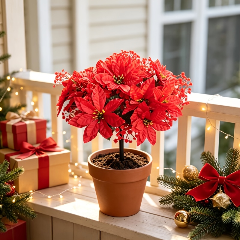 TEMU 1pc Realistic And Vibrant Artificial Poinsettia Flower With Baby's Breath, Includes , For Christmas Home Indoor/outdoor Decoration, , Halloween,