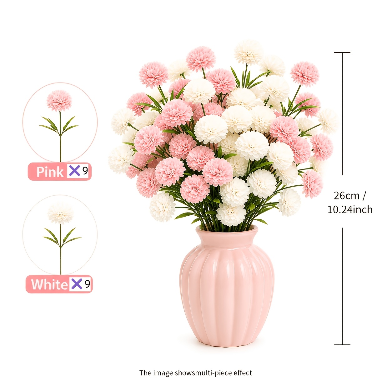 TEMU 18 Flores Artificiales Pom Pom, de y , Ramo Floral Realista de 26.01Cm para el Hogar, Boda, y Decoración de Mesa, No Incluido