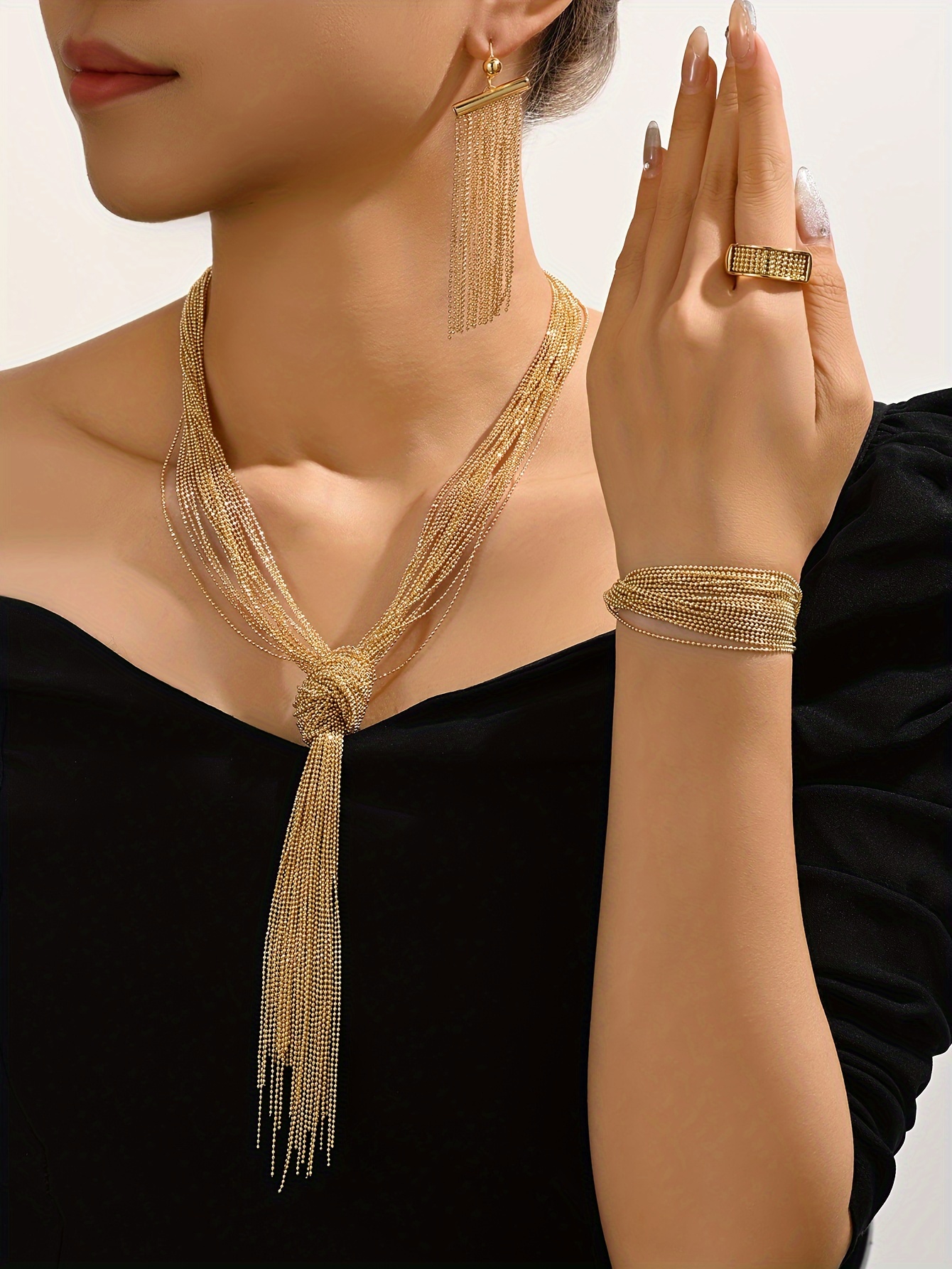   luxury hip hop style 18k golden plated copper jewelry set hollow tassel earrings tassel necklace ring and bracelet set for   and wedding accessories gift   and party occasions details 0