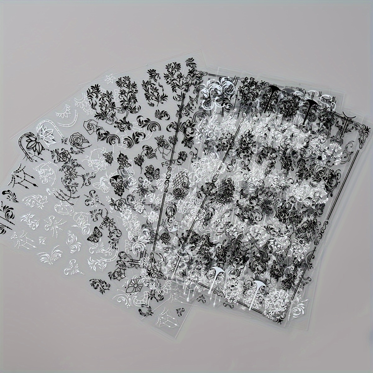 Image of 6pcs/set Black White Lace Flower Nail Art Stickers 3d Floral Charm Adhesive Sliders Geometric Lines Decals Manicure Decorations - Nail Art Decals Set For Nail Art Decoration, Nail Art Supplies