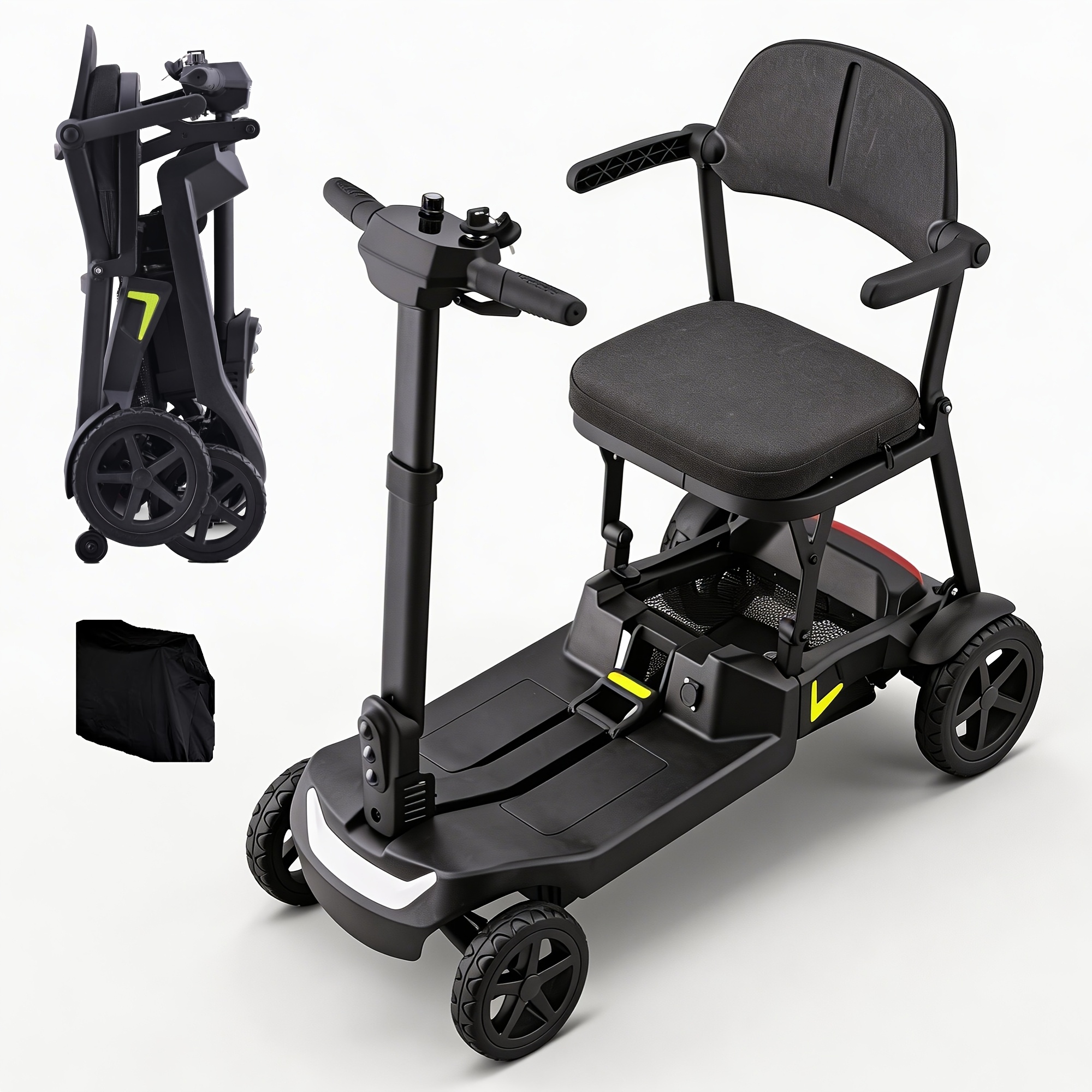 a lightweight, foldable four-wheeled electric mobility scooter suitable for seniors and adults,   with dual removable batteries, meeting air travel  , offering a long range, and a   of 5 mph Product details 1
