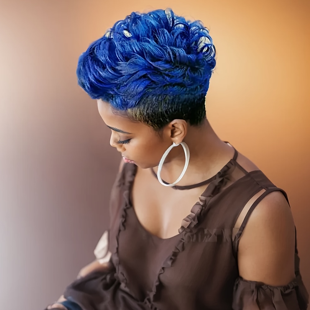 TEMU [] Hai Short Black To Blue Ombre Curly Wig For Women - 120% Density Synthetic Heat-resistant Wig, Elegant Style For All , Fashion Accessory | Ombre Wig | Synthetic Fibers, Wig Accessories