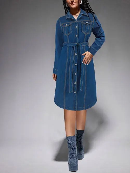 여성용 우아한 데님 바디콘 드레스, 긴 소매 단색 벨트 디테일, 65% 폴리에스터, 중간 스트레치, 직조 직물, 90g/m², 가을/겨울 시즌용