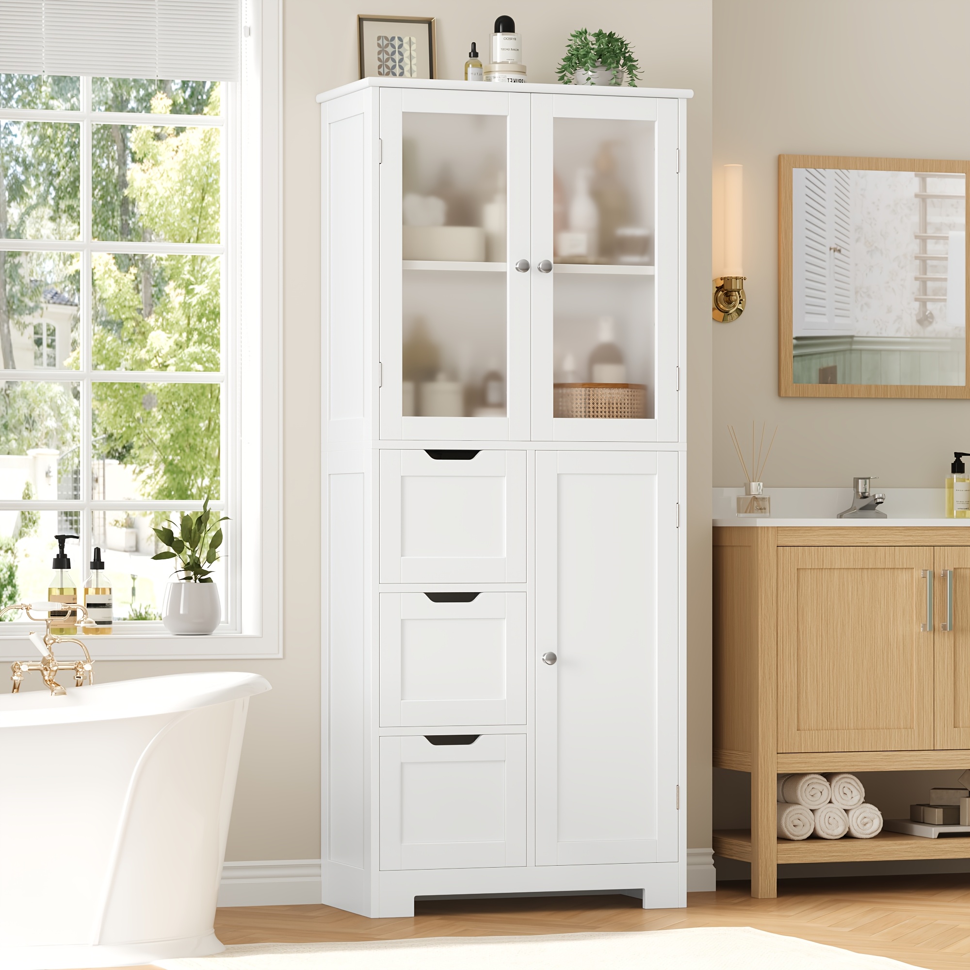 Kealive Bathroom Cabinet, Tall Kitchen Cabinet With 3 Doors And 3 Drawers, Storage Cabinet With Adjustable Shelf, Modern, For Living Room, Kitchen, Dining Room