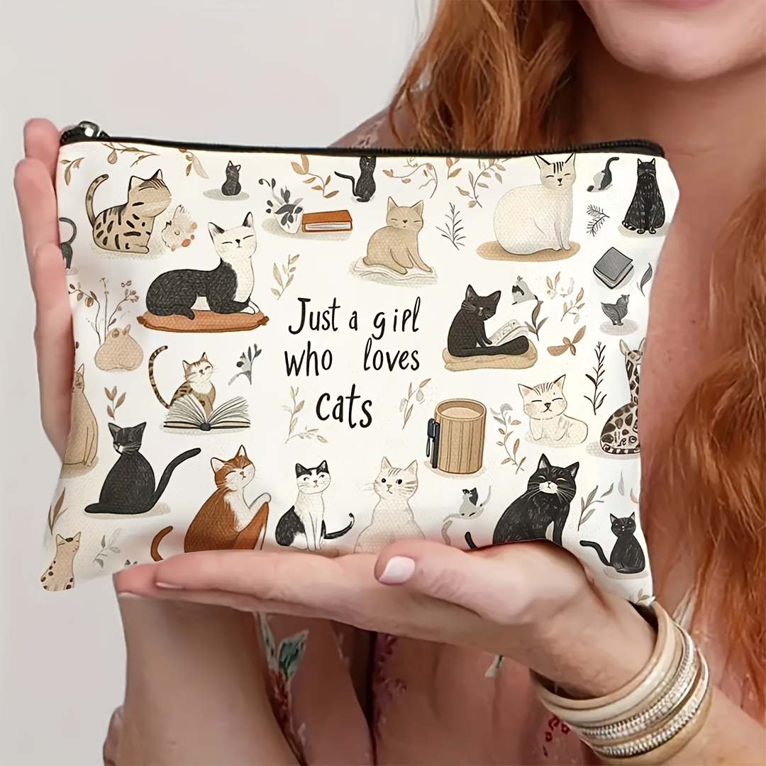 E-shop ., Stilvolle Kosmetiktasche im Vintage-Katendesign, leichte Damen-Make-up-Tasche mit Reißverschluss, geeignet zum Aufbewahren von , Stiften oder