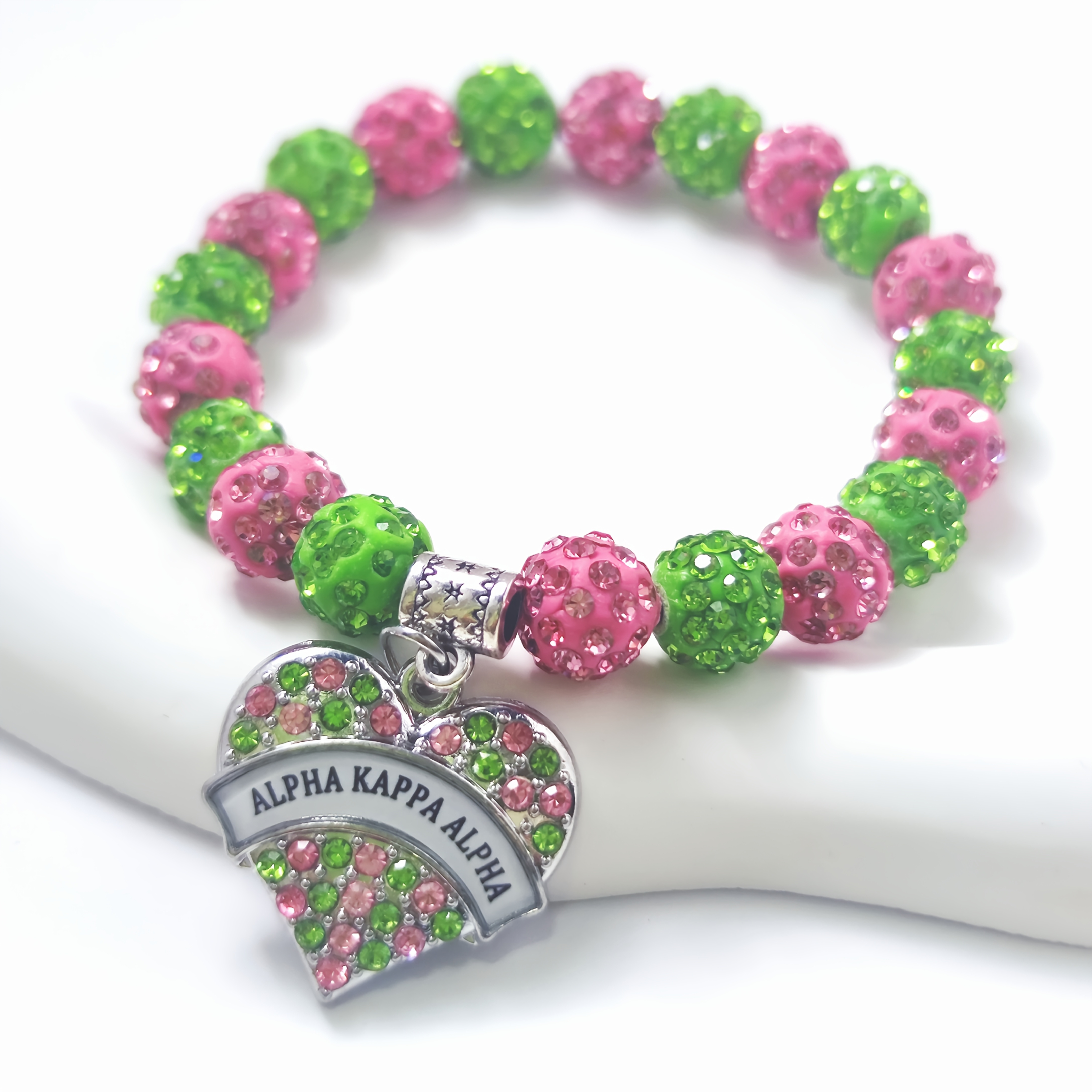 

1pc Sorority Beaded Bracelet, Polymer Clay Beads With Accents And Heart Pendant, Fashionable Elegant Charm Bracelet For Gift And , Christmas Jewelry Present