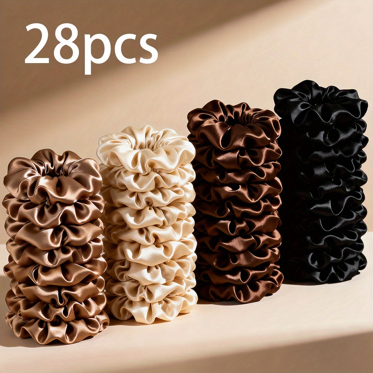 Image of 28pcs Satin Scrunchies Set - Mocha Neutral Tones Hair Ties | Black, Mocha Brown, Beige & | Versatile Hair Accessories For Women