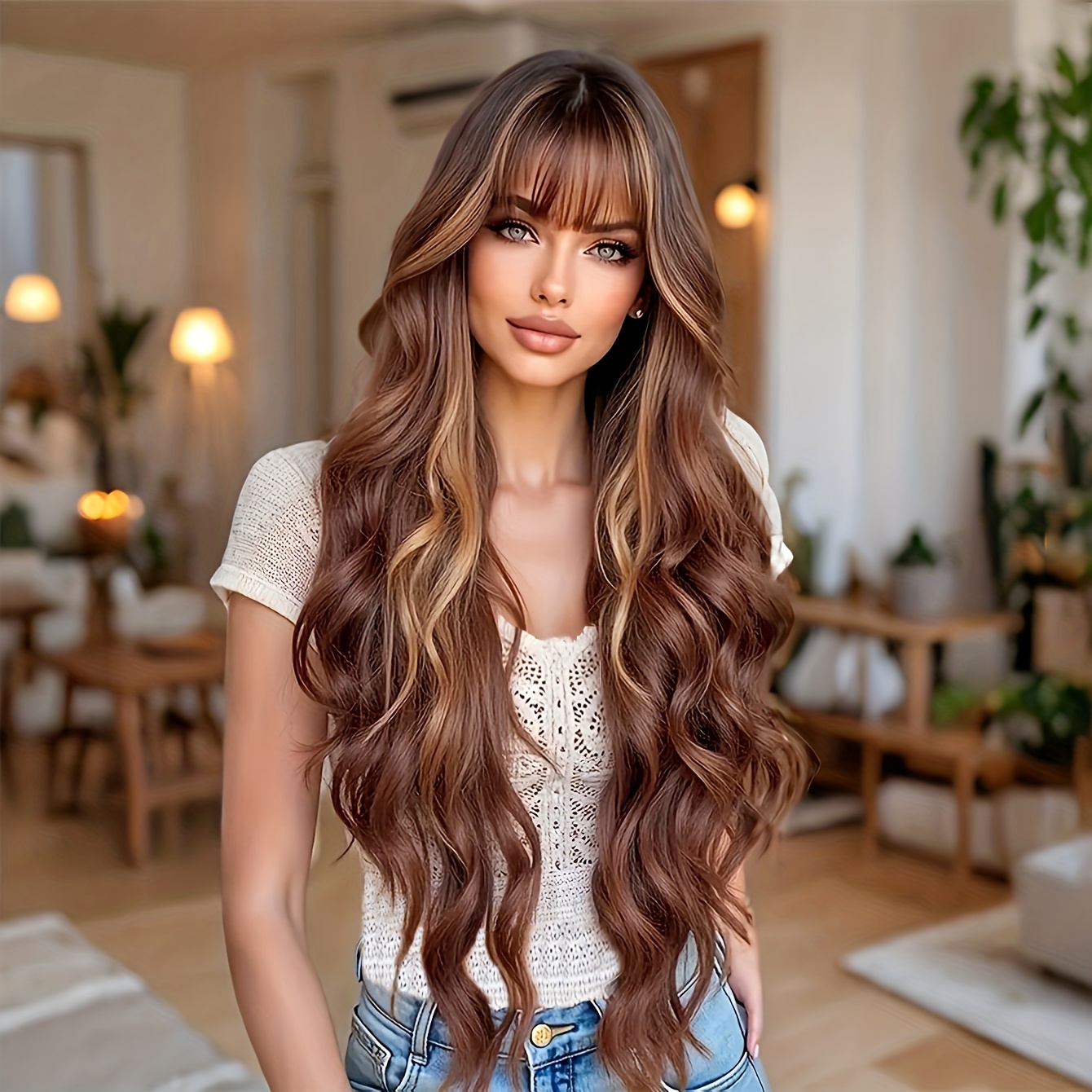 E-shop Braune Mischung mit Blond Highlights Lange Wasserwelle Perücke Lange Welle Braune Perücke mit Pony, Natürlicher Look Hitzebeständige Faser