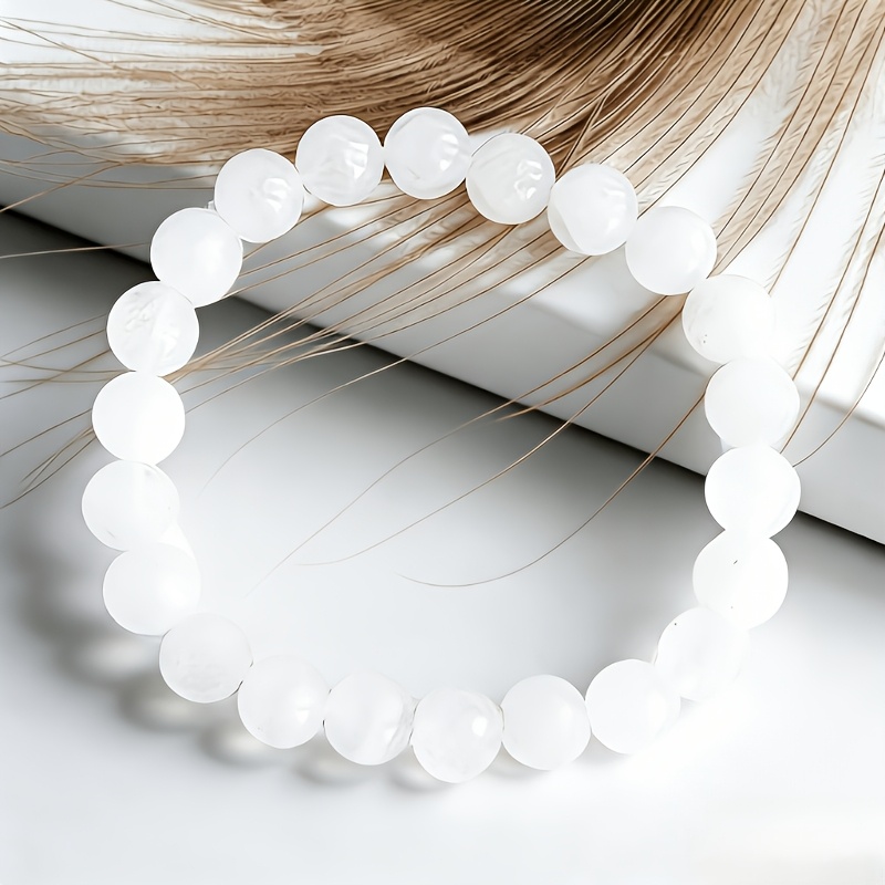 White Beaded Bracelet For Women, Simple Elastic Jewelry Gift For Or Birthday