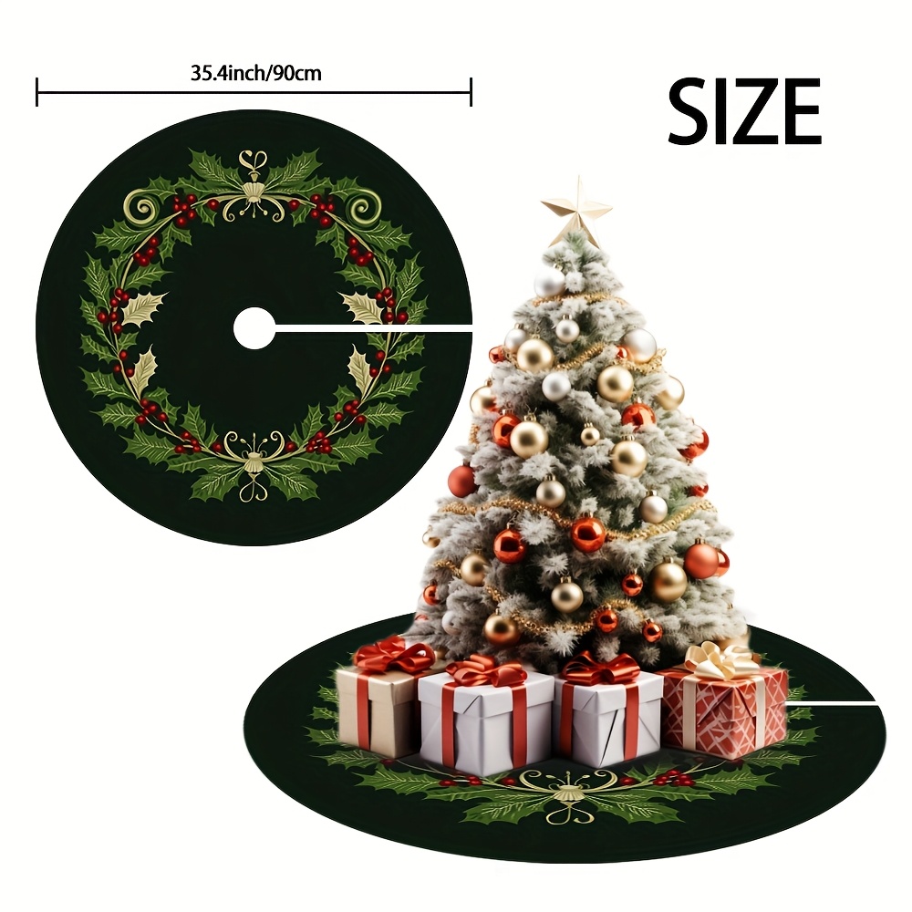 TEMU 1pc Elegant Christmas Holly Wreath Tree Skirt With & Holly Leaves, Berries & Caps - Circular Base For, Multi-holiday For Party Decorations