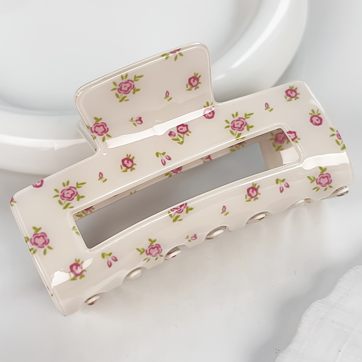 Cream White Rose Floral Hair Claw Clip, Strong Hold