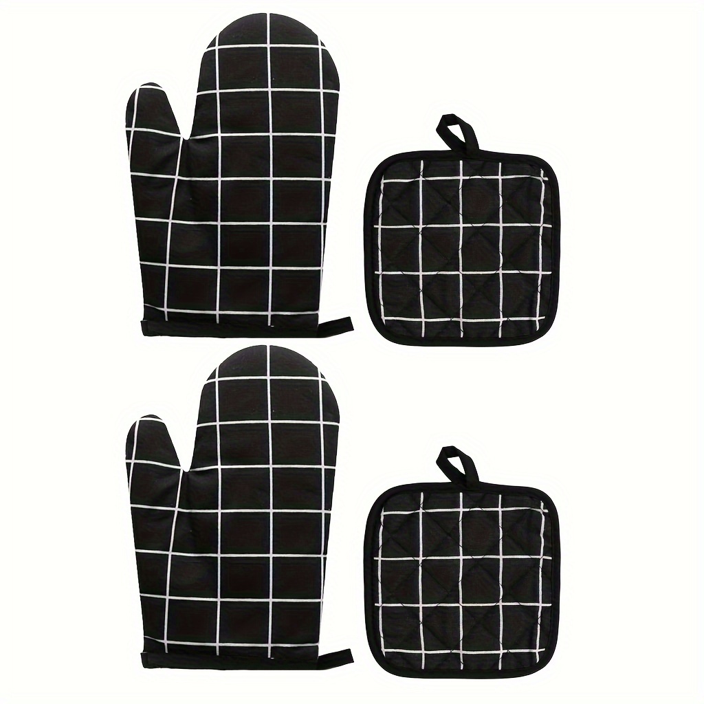 

4-piece Black Plaid Heat-resistant Glove Set With Pads - Fit For Left & Right Hand, Oven Mitts, Microwave Gloves, Kitchen Bbq Protection Heat Resistant Gloves
