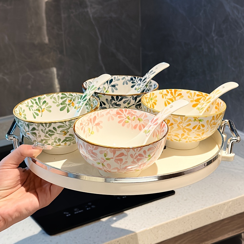 

4 Pcs Ceramic Bowls With Floral Patterns: Suitable For Pasta, Salad, Dessert, Soup, Fruits, Appetizers, And Hot Pot - Dishwasher, Oven, Microwave Safe
