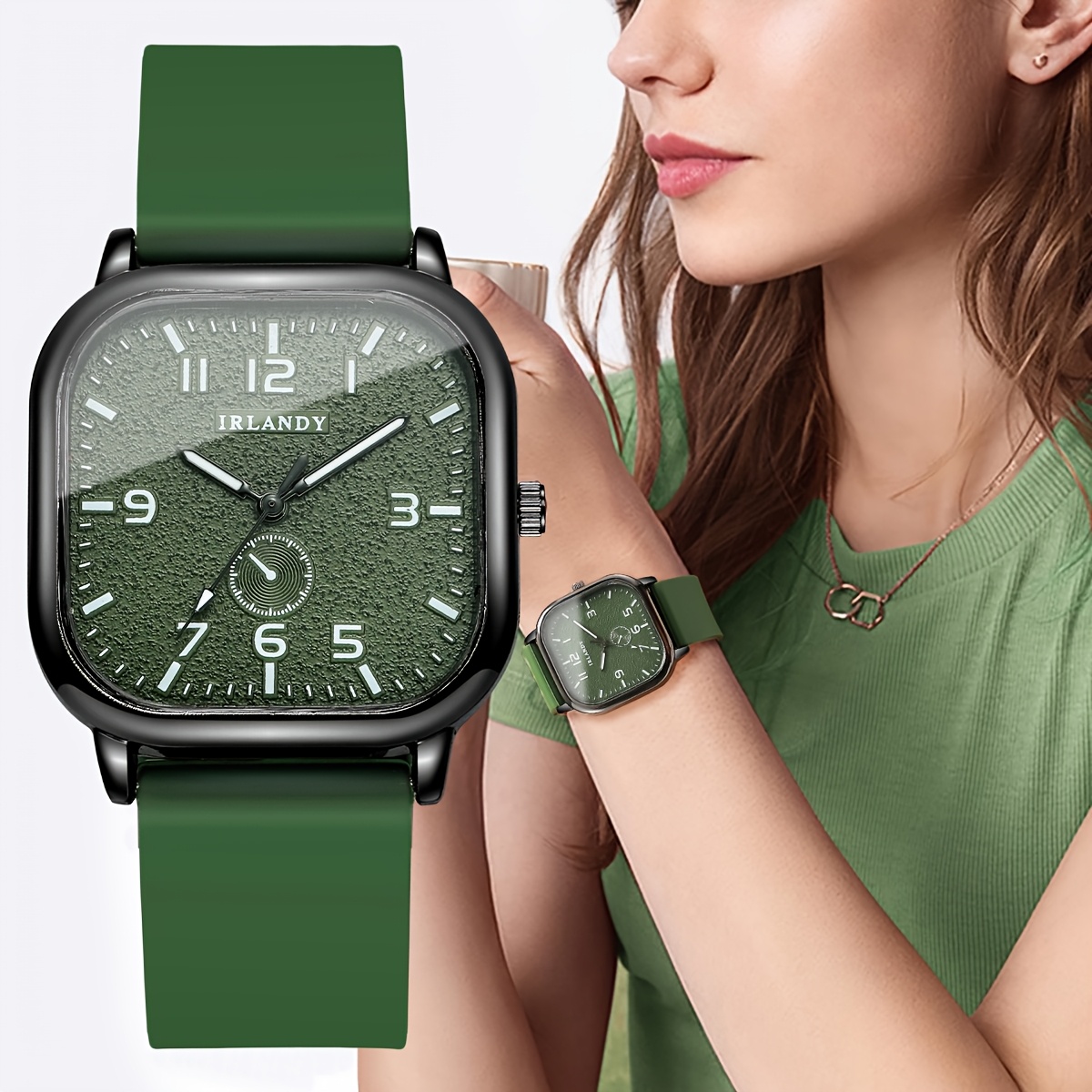1 stuks Elegante Groene & Quartz Dameshorloge met Vierkant Horlogekast & Siliconen Band - Minimalistische Wijzerplaat, Wijzers & Groene Accenten, Niet-Oplaadbare Batterij, Stijlvolle Casual & Formele Polshorloge Voor Alledaagse Speciale Gelegenheden, horloges dames, dames horloge