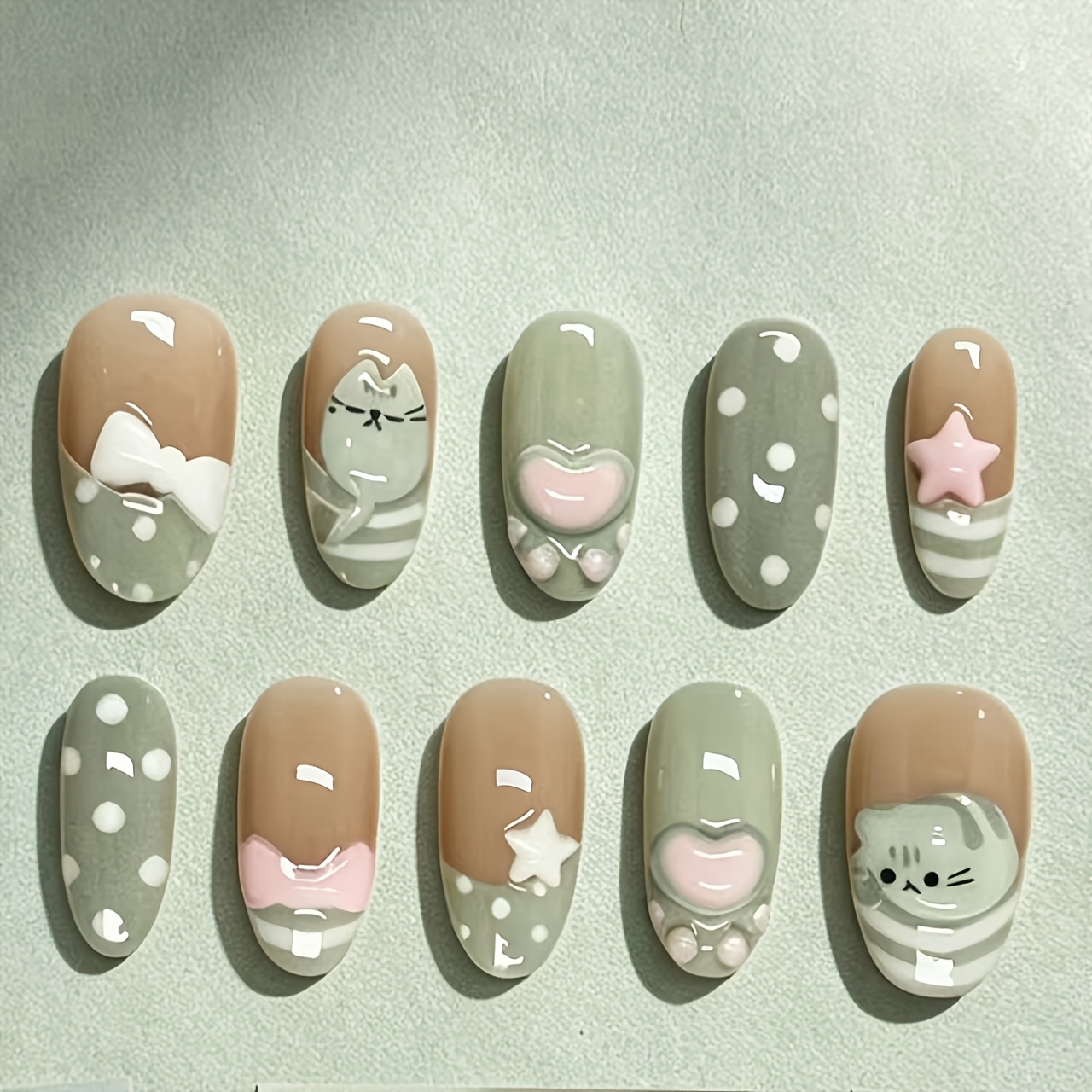 TEMU Set van 10 stuks afneembare schattige en matchagroene katjes met strik nagelstickers