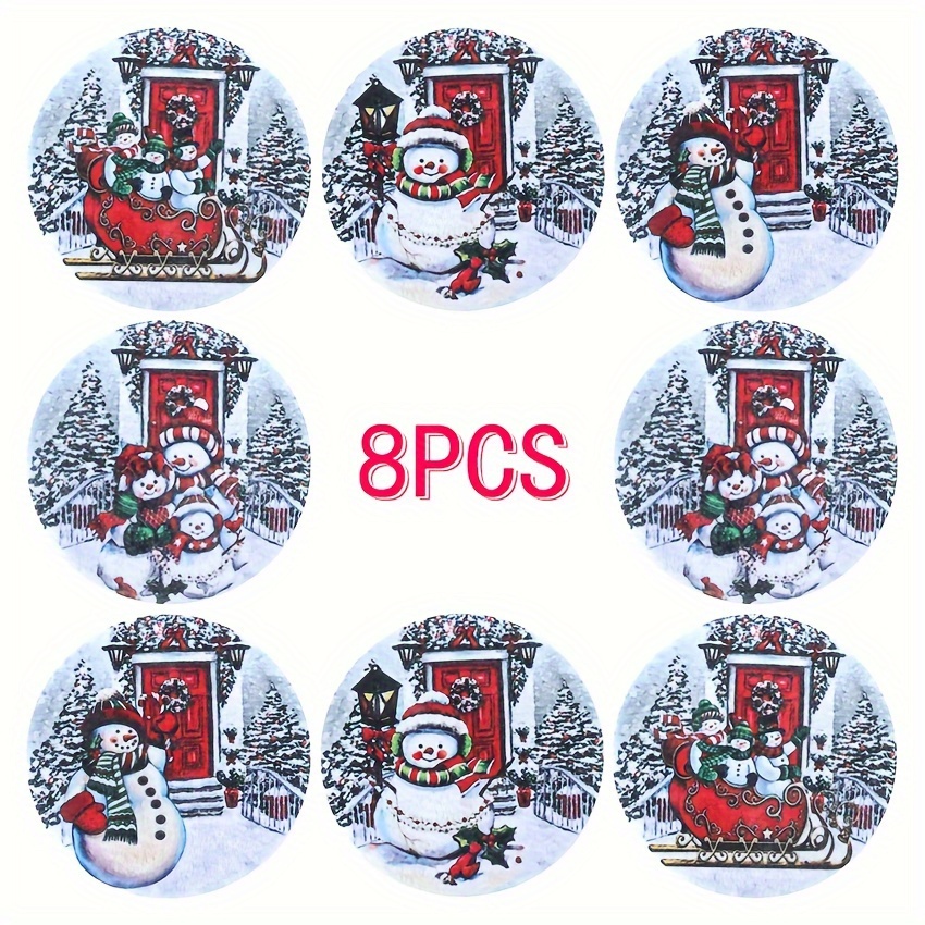 

8pcs Christmas Felt Coaster Set - Round Snowman Print, Absorbent & Decorative For Holiday Dining