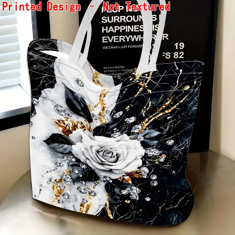 TEMU Printed Design - Not Textured 1pc, Black And White Rose Gemstone Pattern Women's Shoulder Bag, Printed Design - No Texture, Multifunctional,