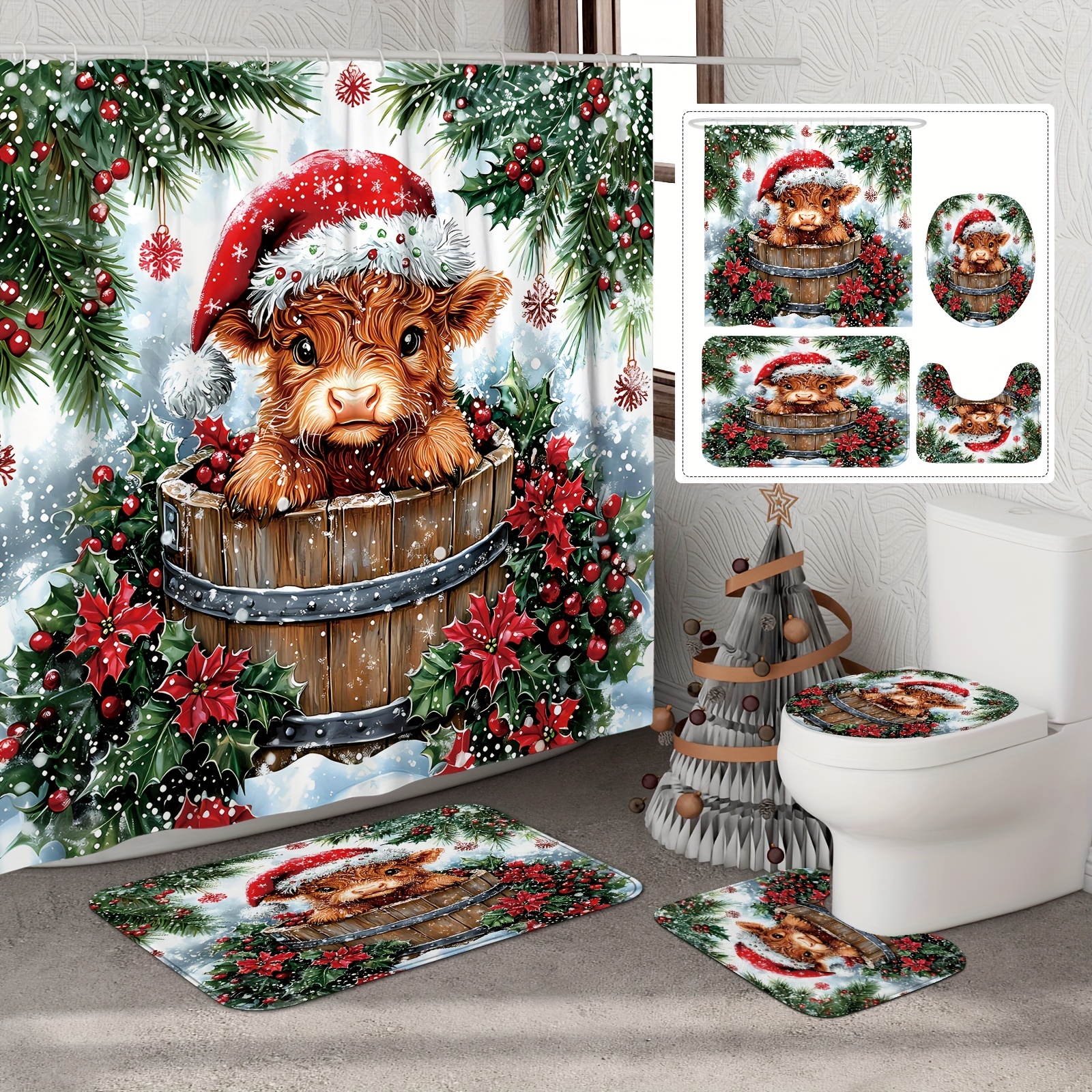 

[] 1/4pcs Christmas Curtain Set 's Hat Curtain Polyester For Bathroom Ornaments 12 Bath Mat Lid Mat