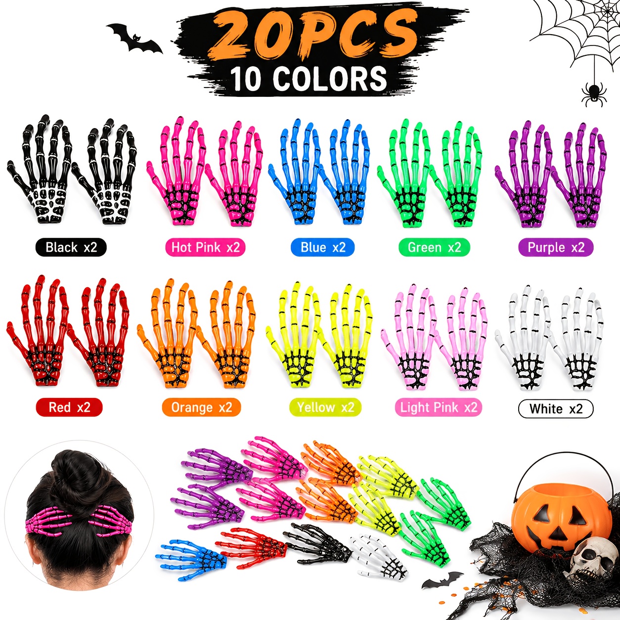 TEMU 20pcs Halloween Skeleton Hand Hair Clips, 10-color Cartoon Bone Hand Barrettes, Spooky Gothic Hair Additions For Costume Parties, Cosplay And