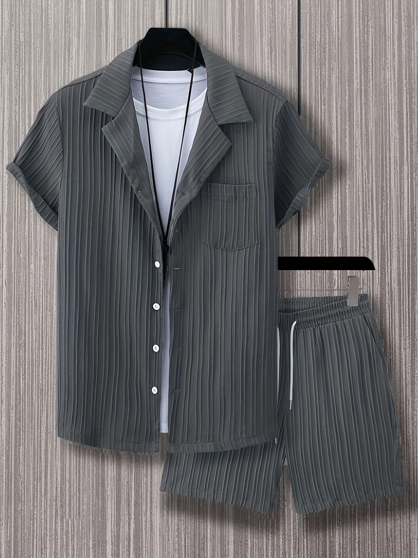 2개 세트 남성용 캐주얼 웨이브 리플 텍스처 패브릭 라펠 포켓 반팔셔츠 버뮤다 여름 세트 캐주얼복 여행복 포 - Temu  Republic of Korea