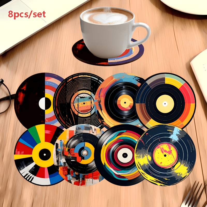 TEMU Lot de 8 sous-verres en bois avec motif de disque vinyle - Ensemble de sous-verres antidérapants pour boissons chaudes et froides | Décoration