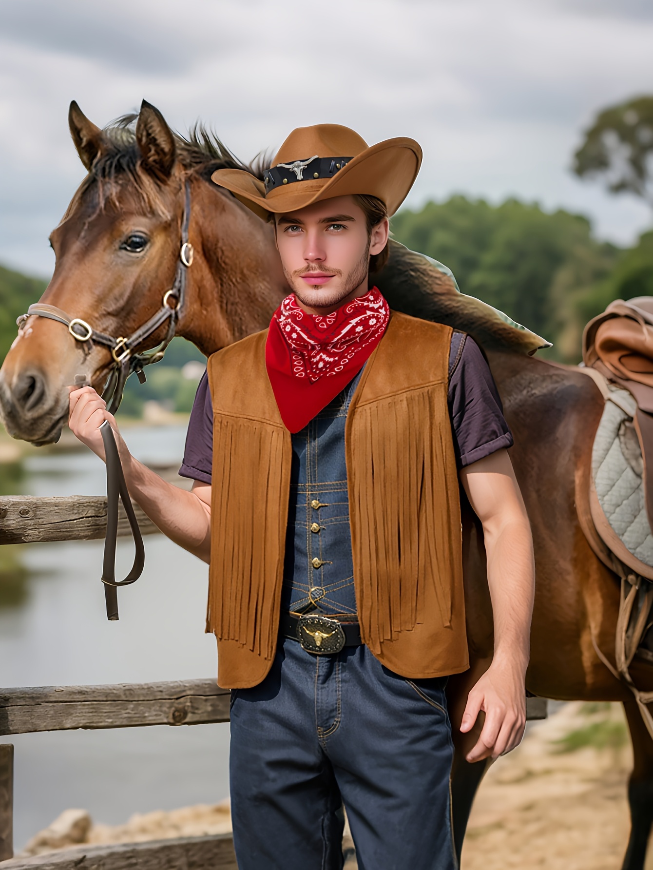Firecos Cowboy Kostüm Herren Western Cowboy Cosplay Fransenweste mit Hut Halstuch Vintage-Halskette für Karneval Hippie Kostüm Set für Erwachsene (Braun, S