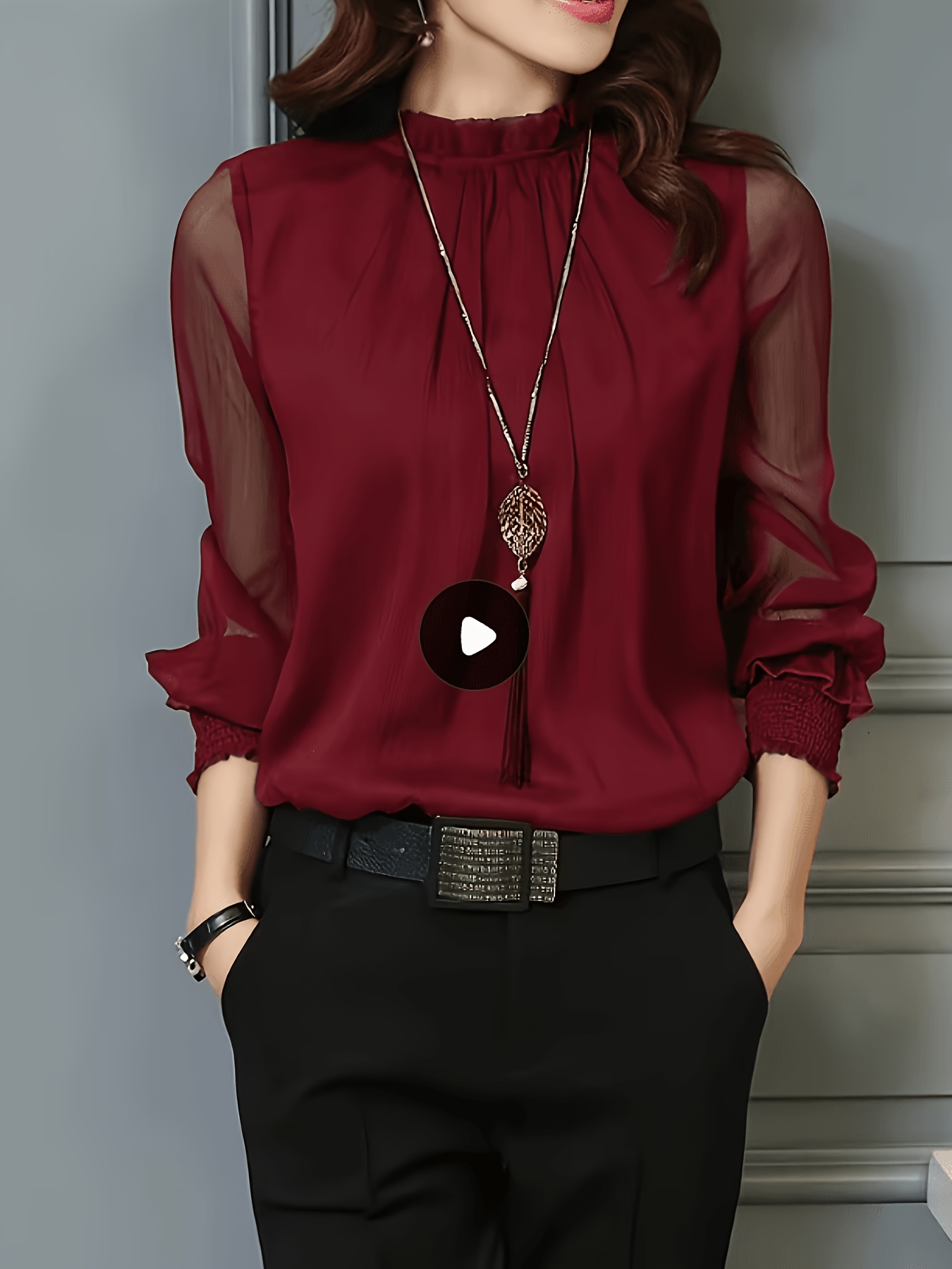 ladies elegant office and casual shirt stand collar long sleeve non see through professional top   machine washable formal leisure style q305
