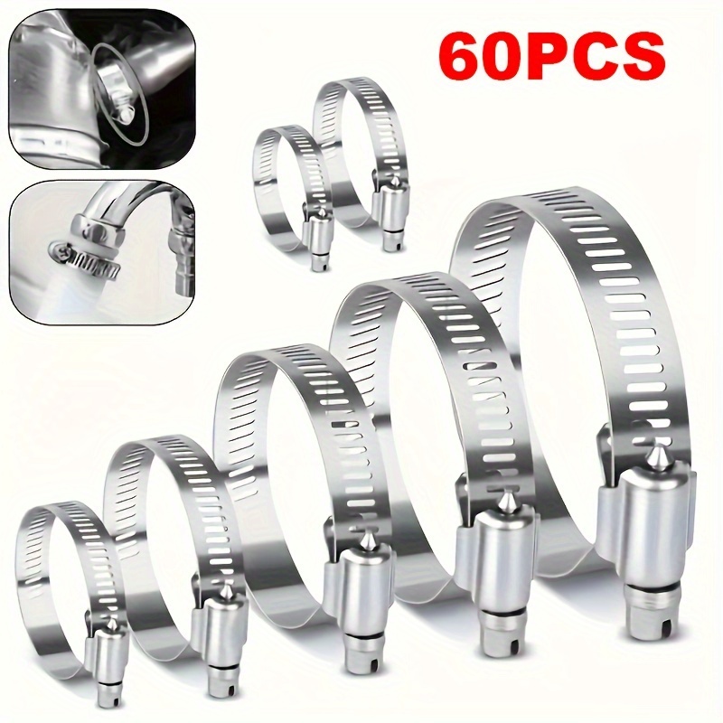 

60pcs 7 Sizes Adjustable Stainless Steel Screw Band Hose Clamps - Suitable For Pipes, Intercoolers, Plumbing, Tubes & Fuel Lines