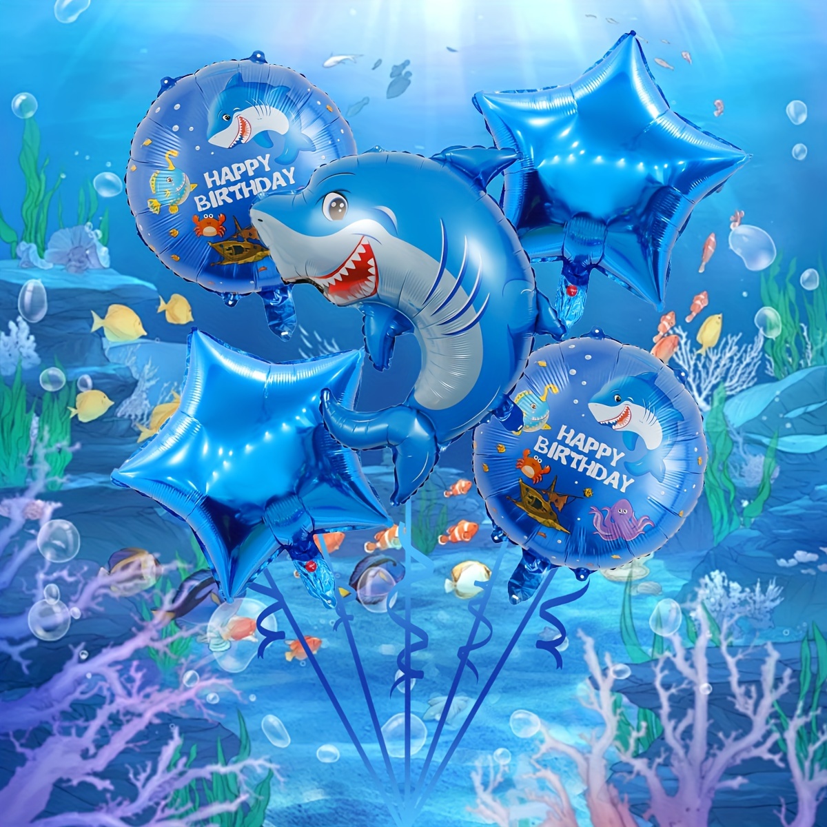 

5pcs Shark Birthday Set, Ocean Party Shark Foil Balloon, Ocean Shark Theme Birthday Party Decoration Eid Al-adha Mubarak